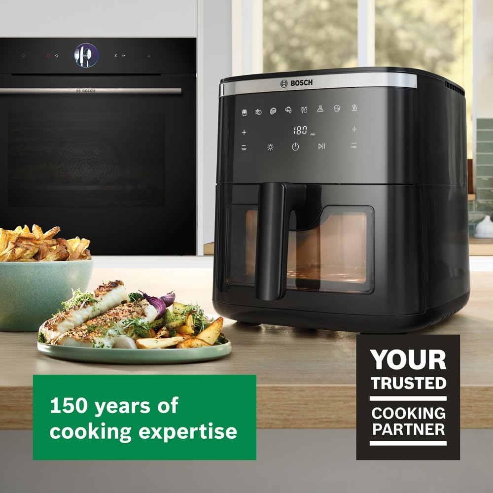 Bosch Series 6 Air Fryer XXL, MAF671B0GB, 7.2 L Capacity, 7 Presets Programmes, Illuminated Viewing Window, Shake Alarm, Intuitive Digital Touchscreen, Up to 65%* Faster Cooking, Black