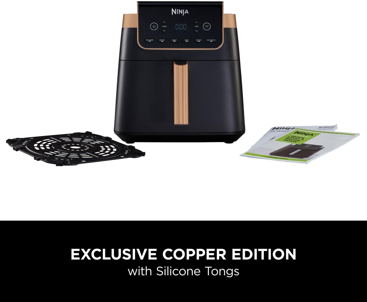 Ninja Air Fryer MAX PRO, 6.2L, Uses No Oil, Large Square Single Drawer, Roast, Bake, Air Fry, Family Size, Non-Stick, Dishwasher Safe Basket & Crisper Plate, Silicone Tongs, Black & Copper, AF180UKCP