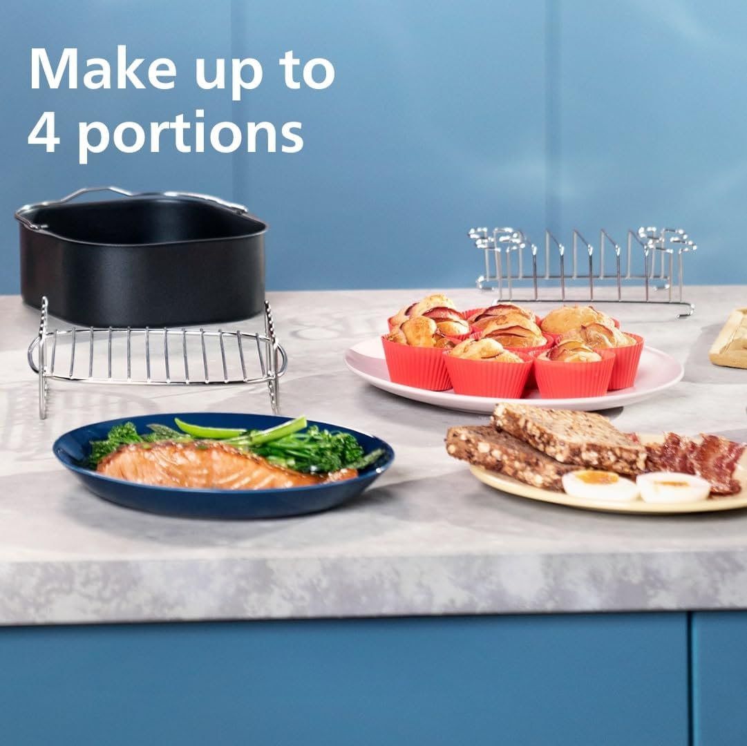 Philips Dual Basket Airfryer 3000 Series, 9L, 2 Drawer Air Fryer, with Breakfast Kit, Rapid Air Technology, Versatile Large Air Fryer for Family, 99% Less fat and Energy Saving, HomeID App (NA350/03)