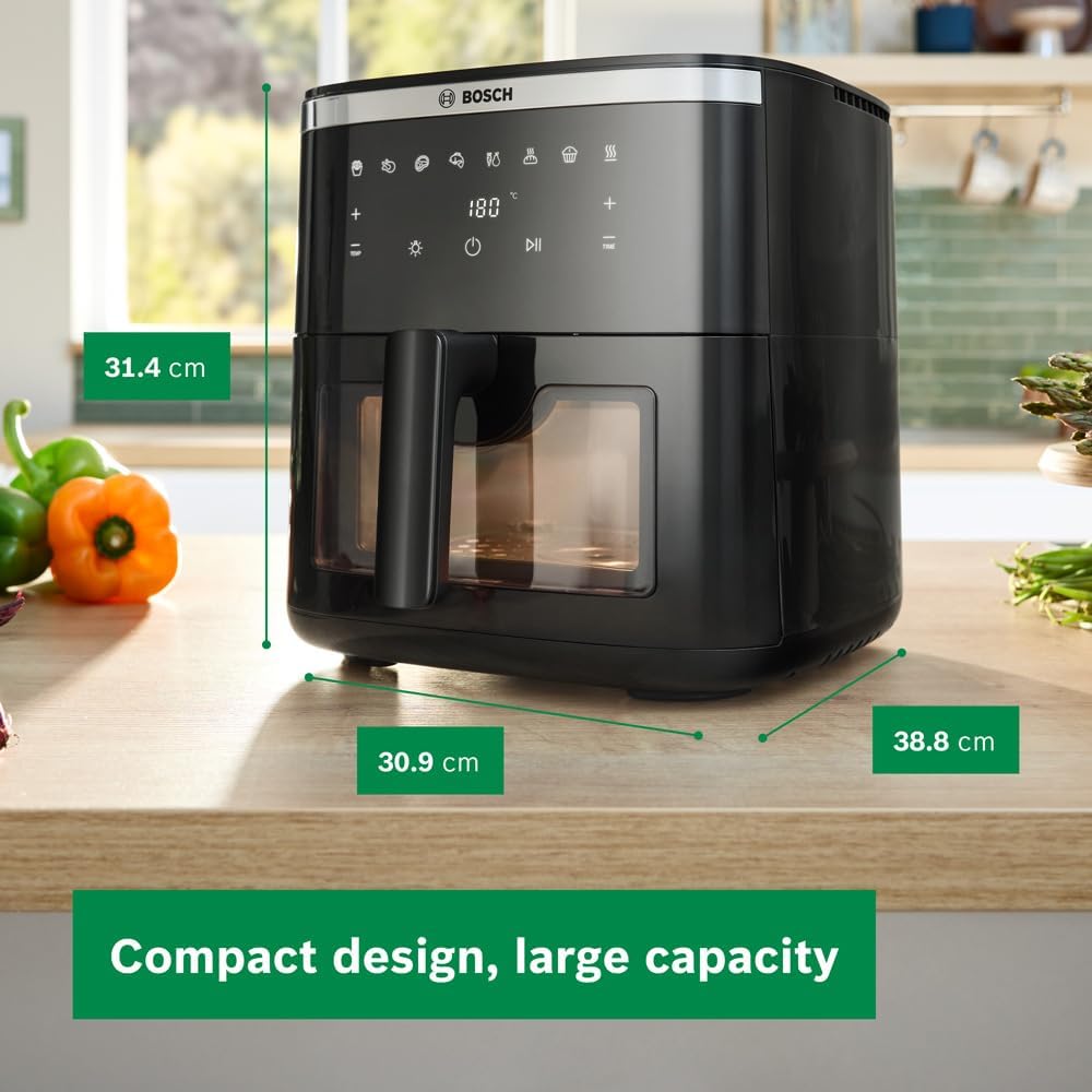 Bosch Series 6 Air Fryer XXL, MAF671B0GB, 7.2 L Capacity, 7 Presets Programmes, Illuminated Viewing Window, Shake Alarm, Intuitive Digital Touchscreen, Up to 65%* Faster Cooking, Black