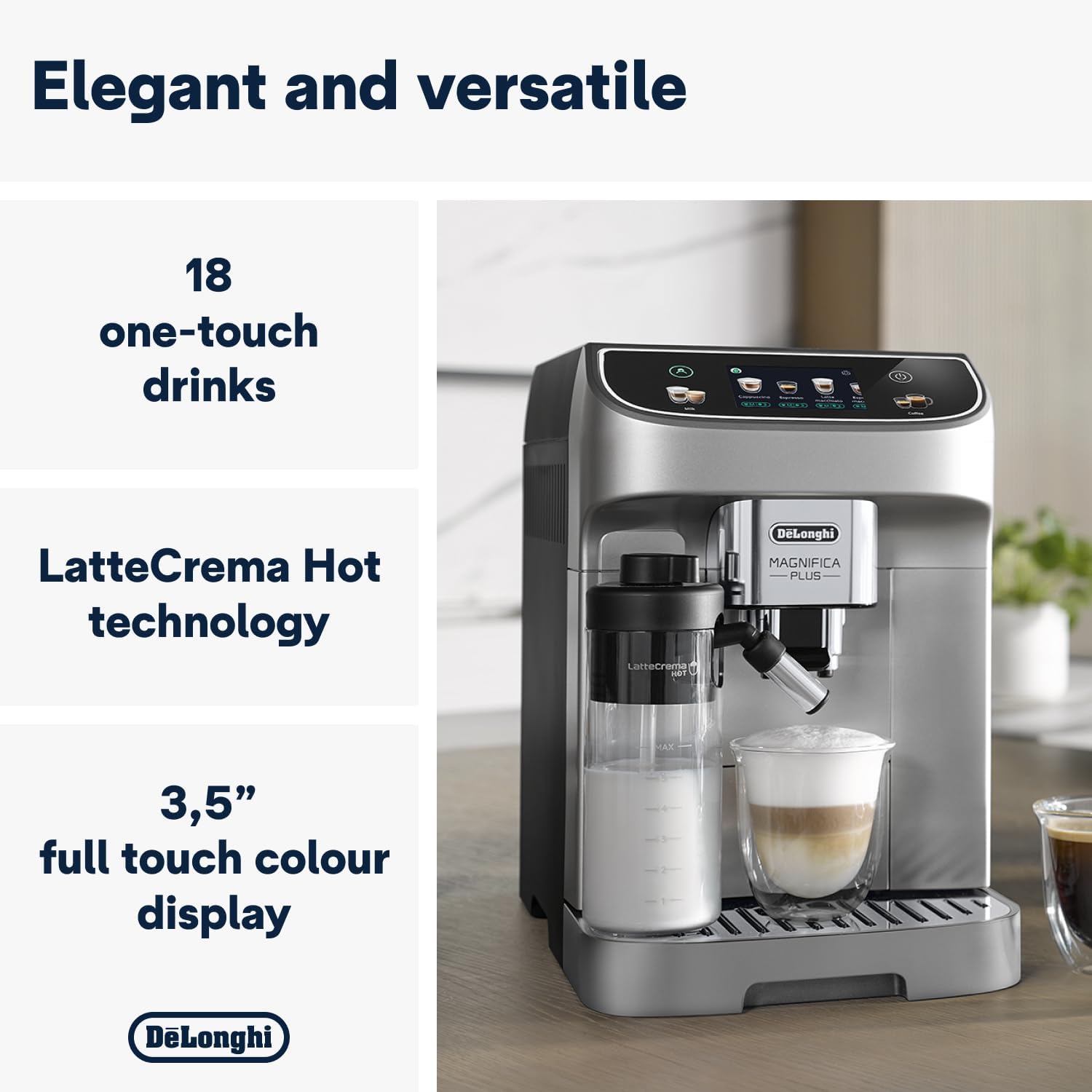 De'Longhi ECAM322.70.SB Magnifica Plus Automatic Coffee Machine with LatteCrema Hot, Bean to Cup Espresso Machine with 18 One-Touch Recipes, Full-Touch Control Panel, 1450W, Silver/Black