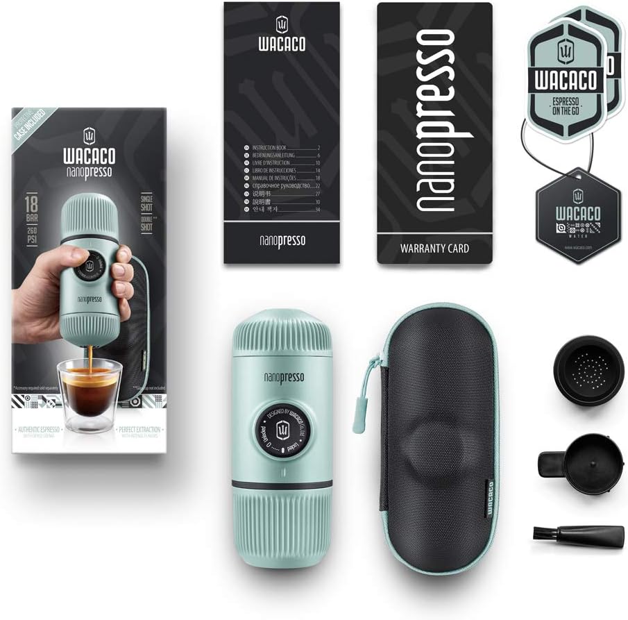 WACACO Nanopresso Portable Espresso Maker Bundled with Protective Case, Upgrade Version of Minipresso, Mini Travel Coffee Machine, Perfect for Camping, Travel and Office (New Elements Arctic Blue)