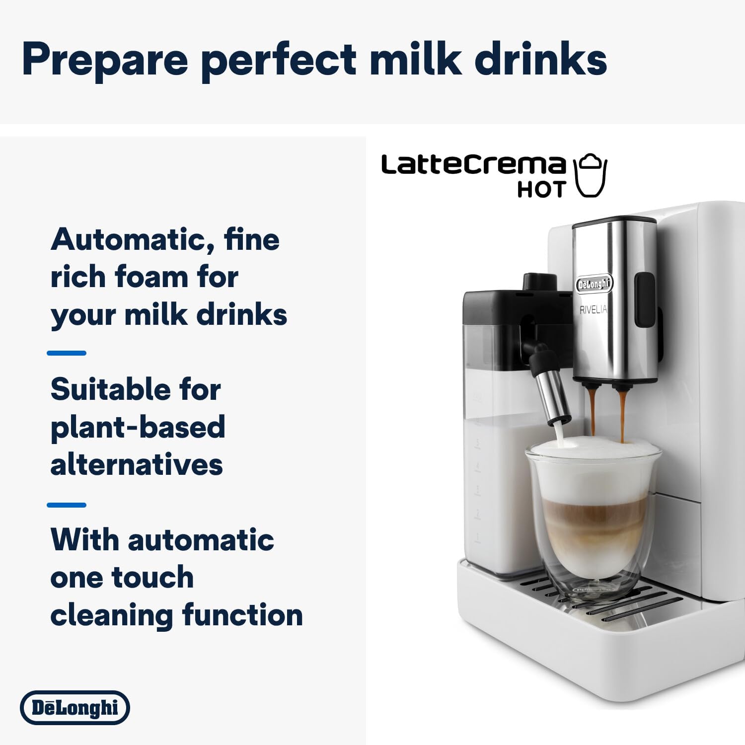 De'Longhi Rivelia EXAM440.55.W, Fully Automatic Coffee Machine with LatteCrema Hot, Automatic Milk Frother, Compact Size Bean to Cup Coffee Machine, 16 Recipes, Touch Colored Display, Arctic White