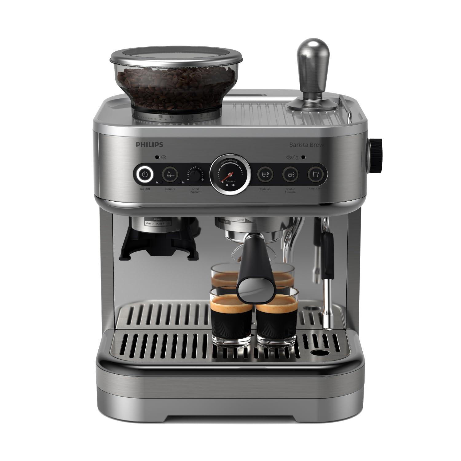 PHILIPS Barista Brew Semi Automatic Espresso Machine - Single & Double Espresso + Americano Button, 250g Bean Container, Intuitive Guidance, Calibrated Tamping, Metal Black (PSA3218/10)