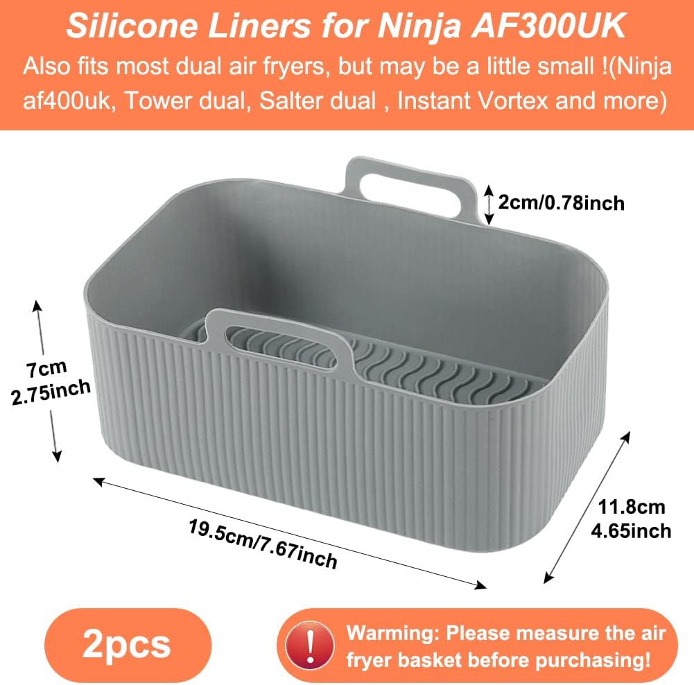 YQL Air Fryer Silicone Liner for Ninja/Tower Dual/Instant Vortex, Silicone Air Fryer Liners Reusable Air Fryer Accessories for Ninja Foodi AF300UK, Salter Dual Air Fryer (2PCS), Grey