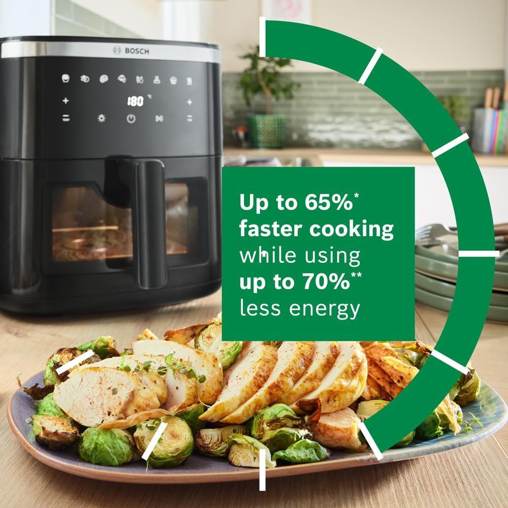 Bosch Series 6 Air Fryer XXL, MAF671B0GB, 7.2 L Capacity, 7 Presets Programmes, Illuminated Viewing Window, Shake Alarm, Intuitive Digital Touchscreen, Up to 65%* Faster Cooking, Black