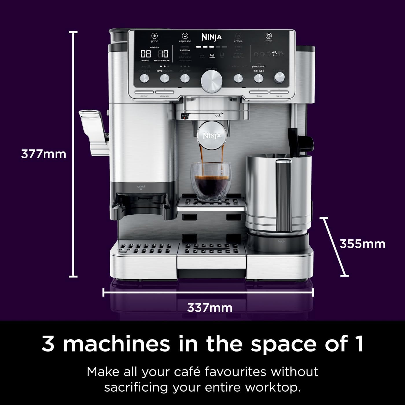Ninja Luxe Pro 3-in-1 Coffee Machine, Latte, Cappuccino, Cold Brew & Espresso Maker With Built in Bean Grinder & Milk Frother, Easy to Use, 5 Automated Froth Presets, Silver, ES701UK