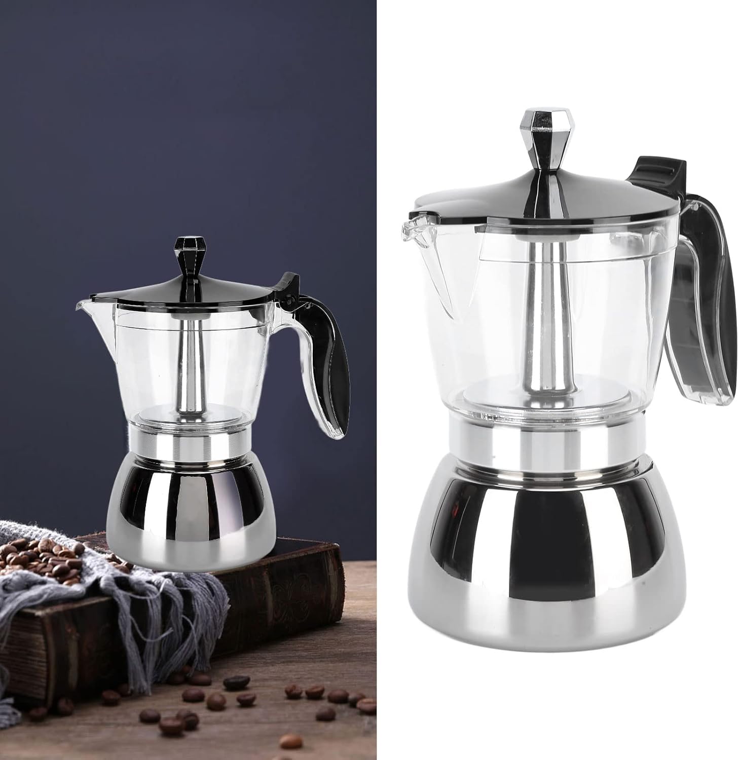 6 Cups Italian Octagonal Stainless Steel Coffee Pot for Household Brewing, Ergonomic Pot with Heat Handle, to and Use, Multiple Coffee Recipes Maker