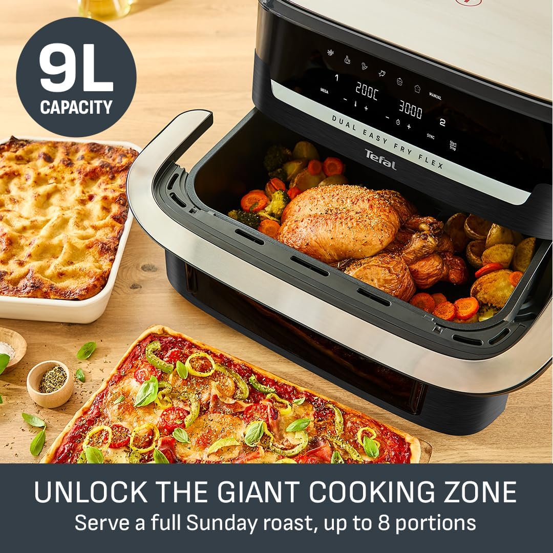 Tefal Dual Flex Air Fryer with Removable Divider & Viewing Window – 9L GiantZone or Dual 5.5L + 3.5L Cooking Zones, 6 Preset Programs, Energy Saving, Non-Stick Dishwasher Safe Parts, Black
