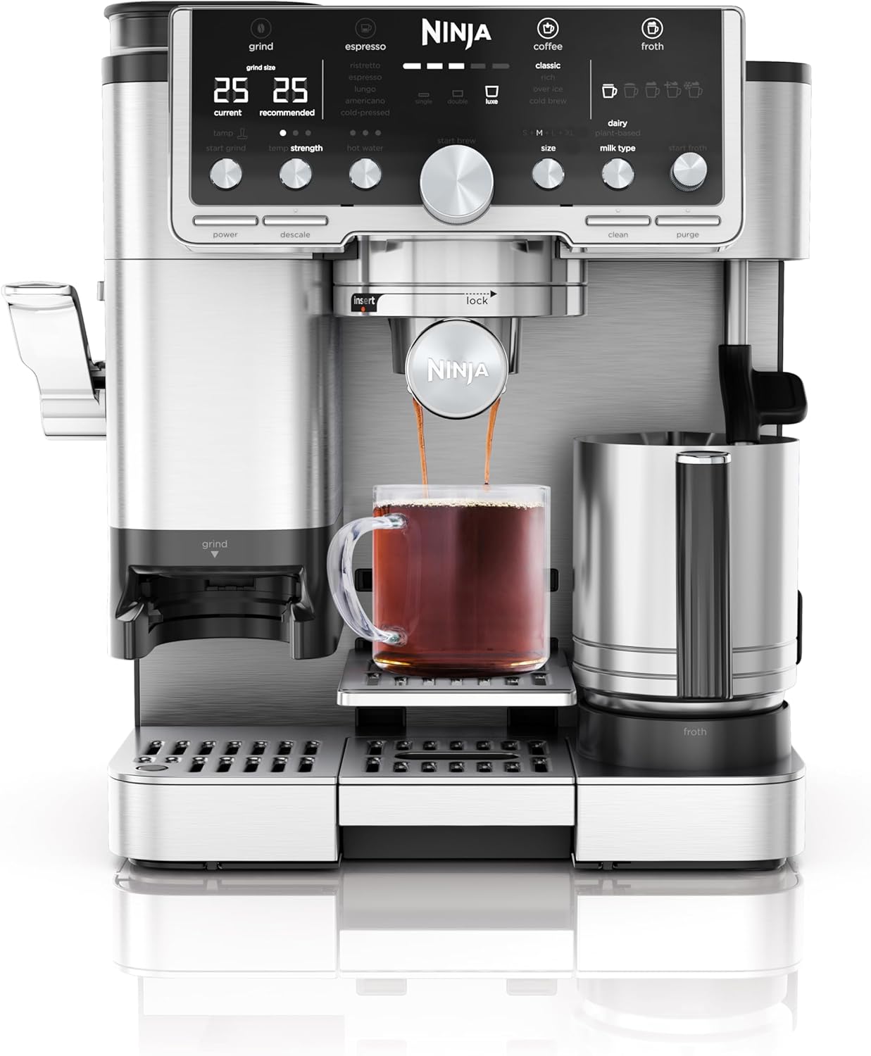 Ninja Luxe Pro 3-in-1 Coffee Machine, Latte, Cappuccino, Cold Brew & Espresso Maker With Built in Bean Grinder & Milk Frother, Easy to Use, 5 Automated Froth Presets, Silver, ES701UK