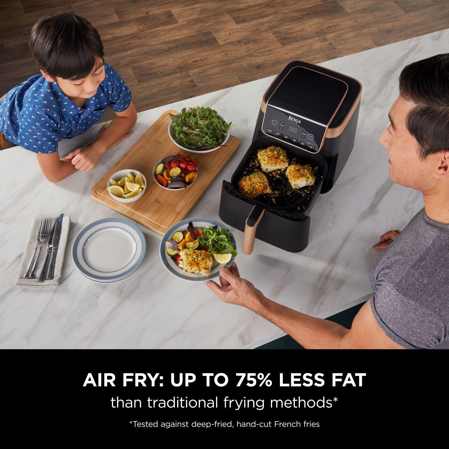 Ninja Air Fryer MAX PRO, 6.2L, Uses No Oil, Large Square Single Drawer, Roast, Bake, Air Fry, Family Size, Non-Stick, Dishwasher Safe Basket & Crisper Plate, Silicone Tongs, Black & Copper, AF180UKCP