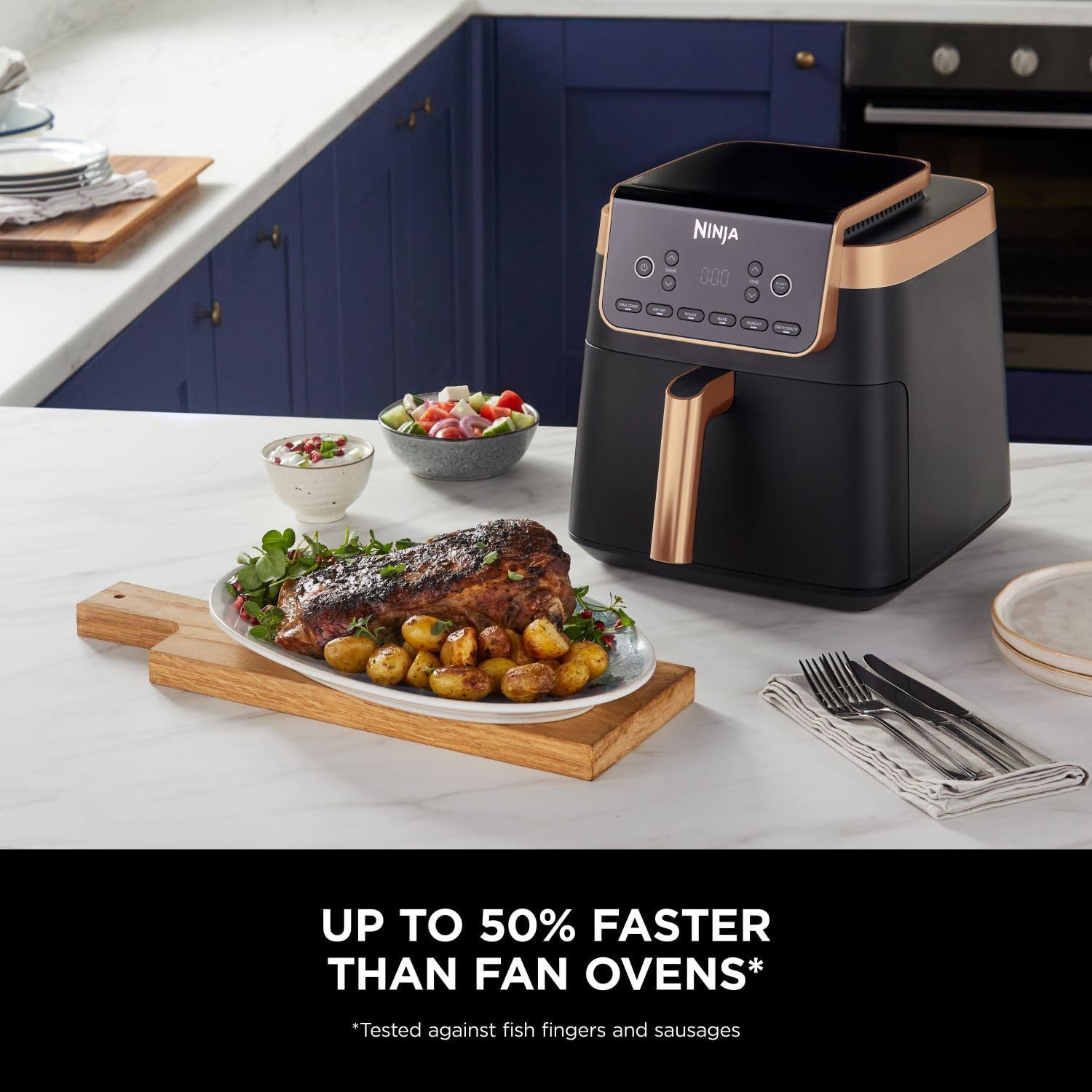Ninja Air Fryer MAX PRO, 6.2L, Uses No Oil, Large Square Single Drawer, Roast, Bake, Air Fry, Family Size, Non-Stick, Dishwasher Safe Basket & Crisper Plate, Silicone Tongs, Black & Copper, AF180UKCP