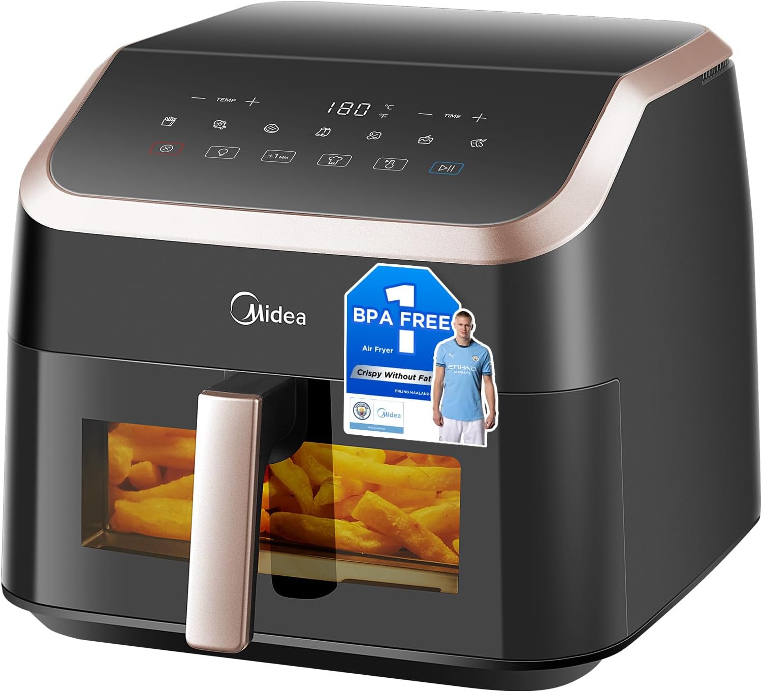 Midea Large Air Fryer with See-Thru Window, 8.5 L, 8-in-1, Heatexpress Rapid Air Technology, Uses No Oil, Max Crisp, Non-Stick, Flexible Heating +1 Minute Button, Dishwasher Safe, Black