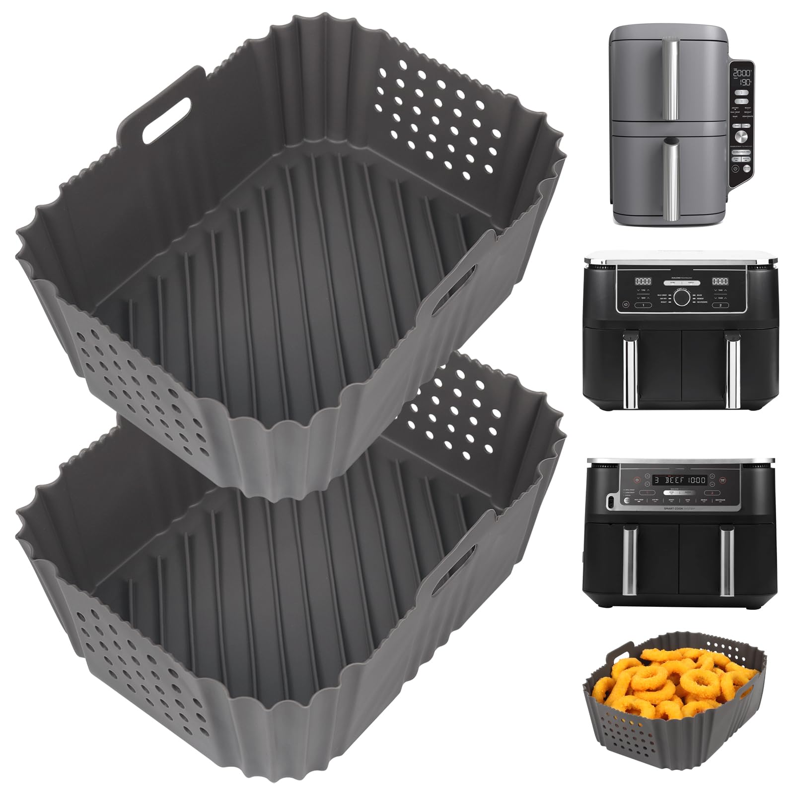 YQL Air Fryer Silicone Liner for Ninja/Tower Dual/Instant Vortex, Silicone Air Fryer Liners Reusable Air Fryer Accessories for Ninja Foodi AF300UK, Salter Dual Air Fryer (2PCS), Grey