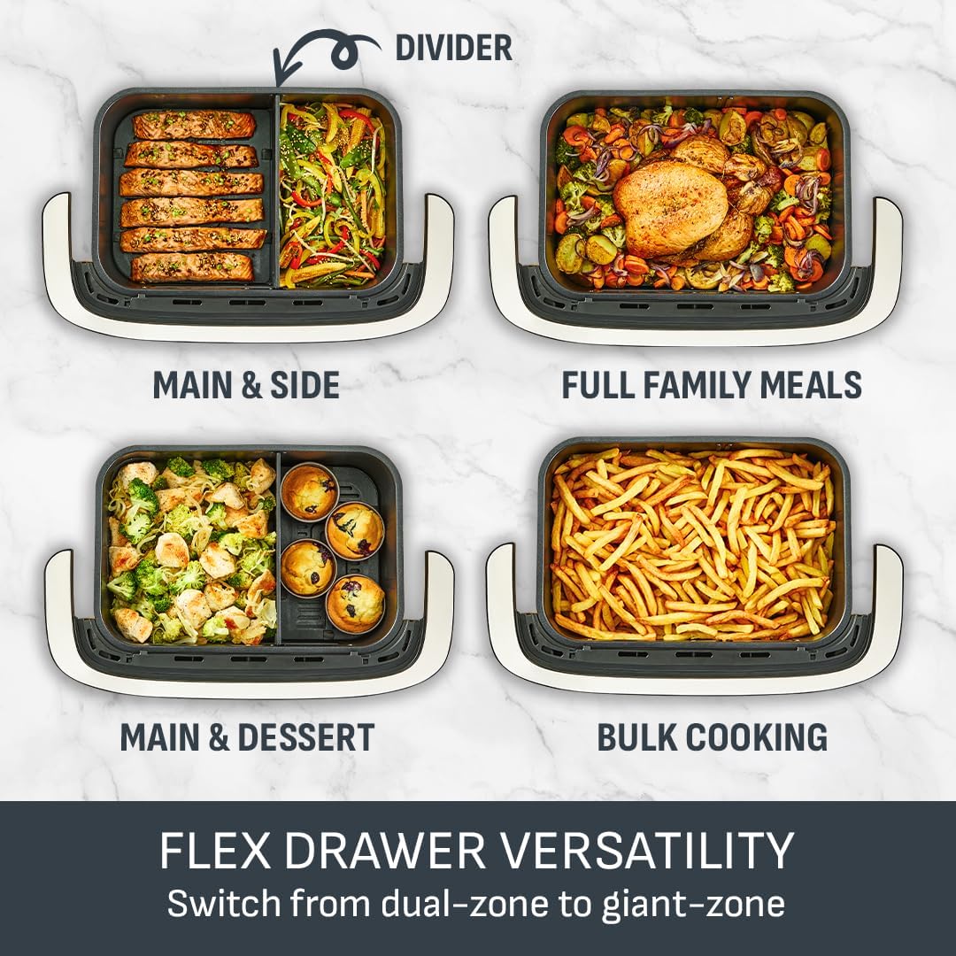 Tefal Dual Flex Air Fryer with Removable Divider & Viewing Window – 9L GiantZone or Dual 5.5L + 3.5L Cooking Zones, 6 Preset Programs, Energy Saving, Non-Stick Dishwasher Safe Parts, Black