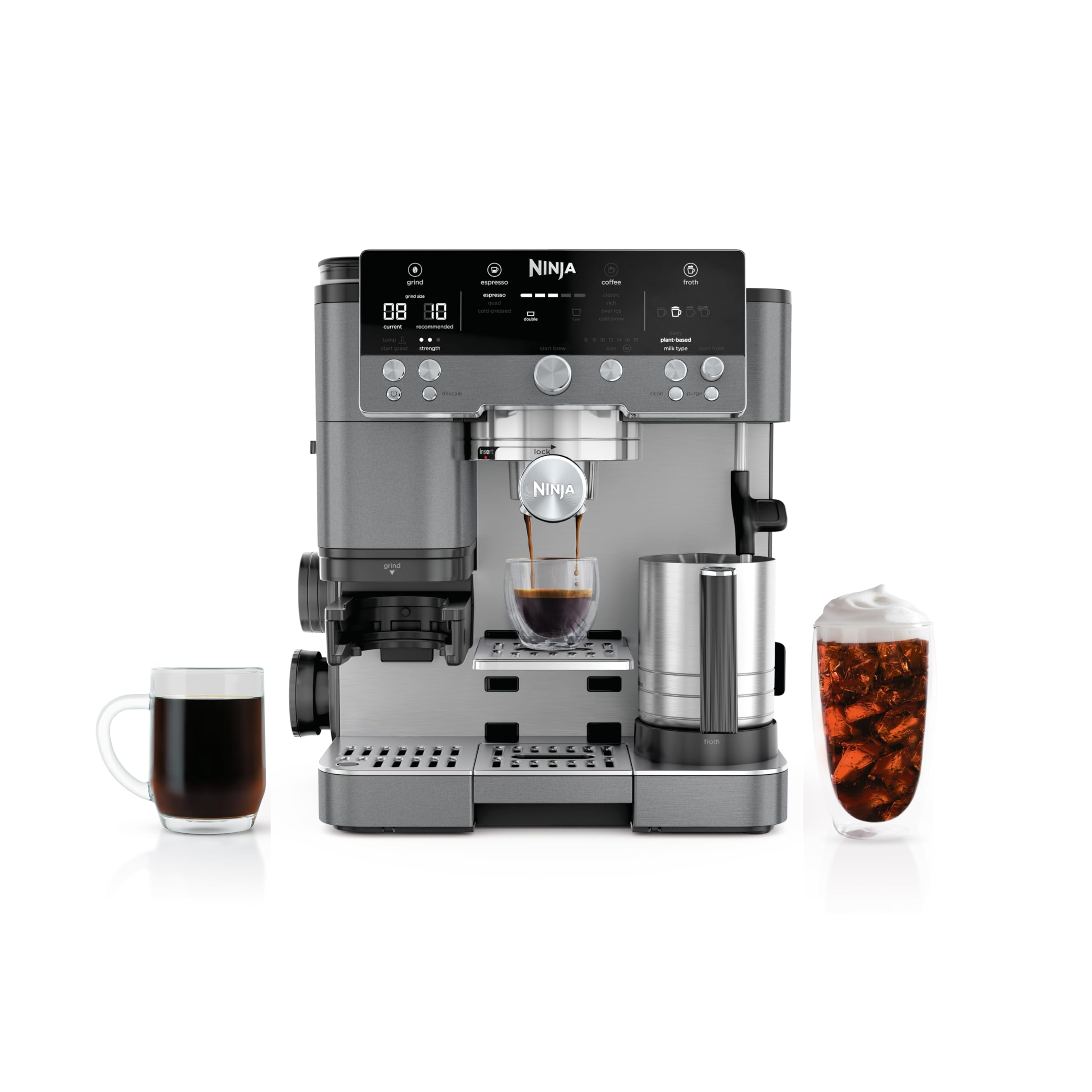 Ninja Luxe Café Pro Series, Espresso Machine, Drip Coffee, Cold Brew, Hot Water, Integrated Tamper, Built-in Grinder, Hands-Free Frother for Cappuccinos, Lattes, Americanos, Dairy or Non-Dairy, ES701