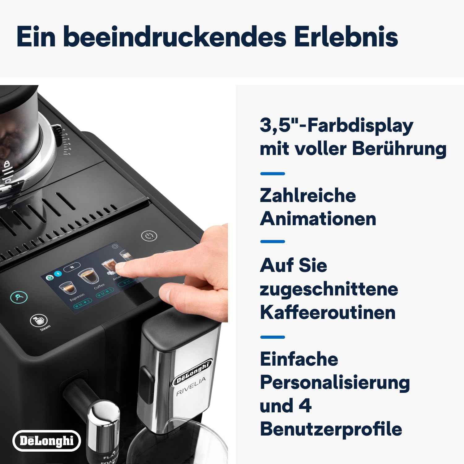De'Longhi Rivelia EXAM440.35.B, Machine À Café Grain Automatique, Grains Fraîchement Moulus, Bac à Grains Interchangeable, Buse Vapeur Lait Classique, 8 Recettes, Écran Tactile Couleur, Noir