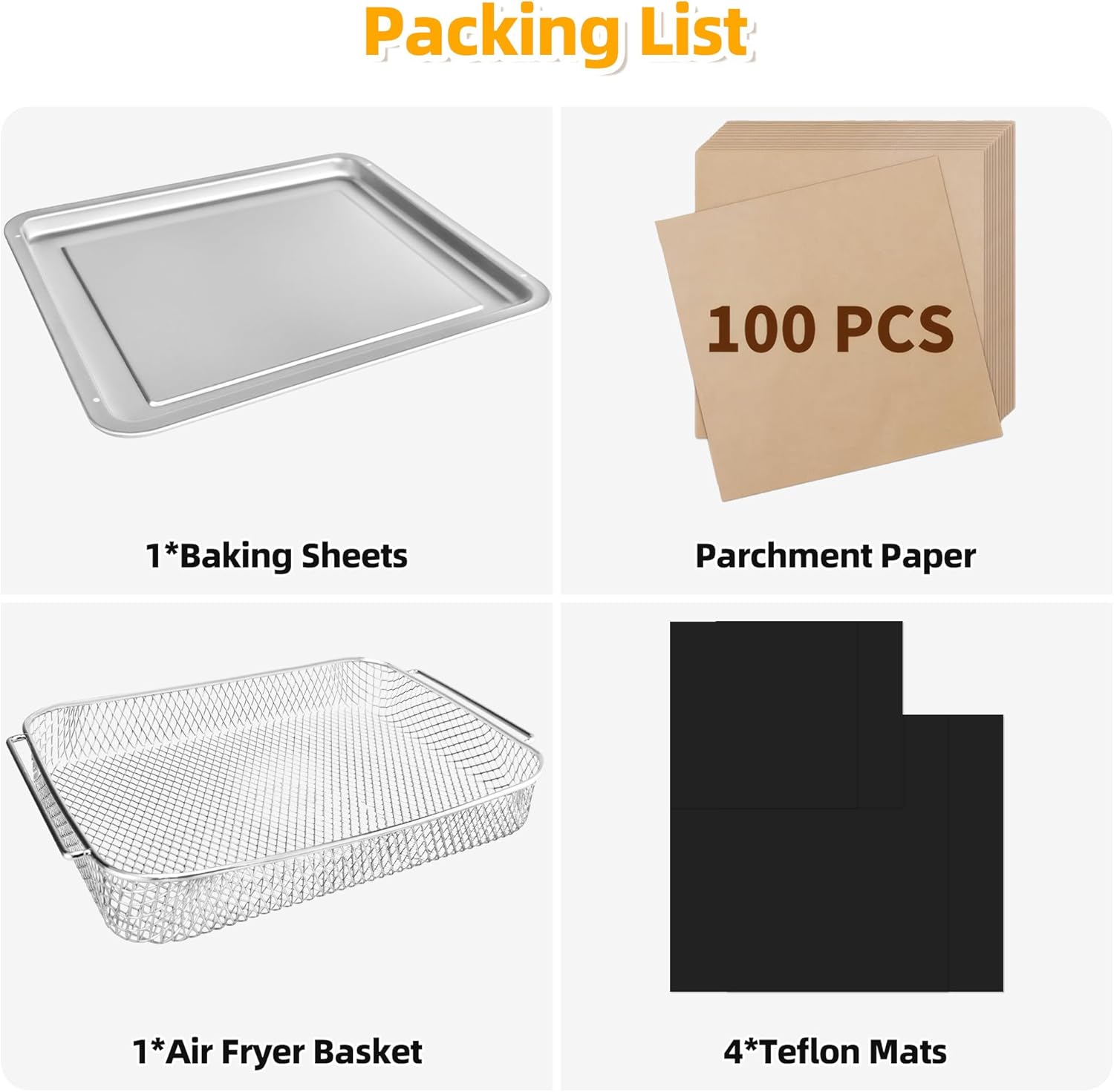 Air Fryer Accessories for Emeril Lagasse 26 Qt Extra Large, Emeril Lagasse Air Fryer Basket and Pans for Oven with 100Pcs Disposable Parchment Paper, 4Pcs Reusable Teflon Mat