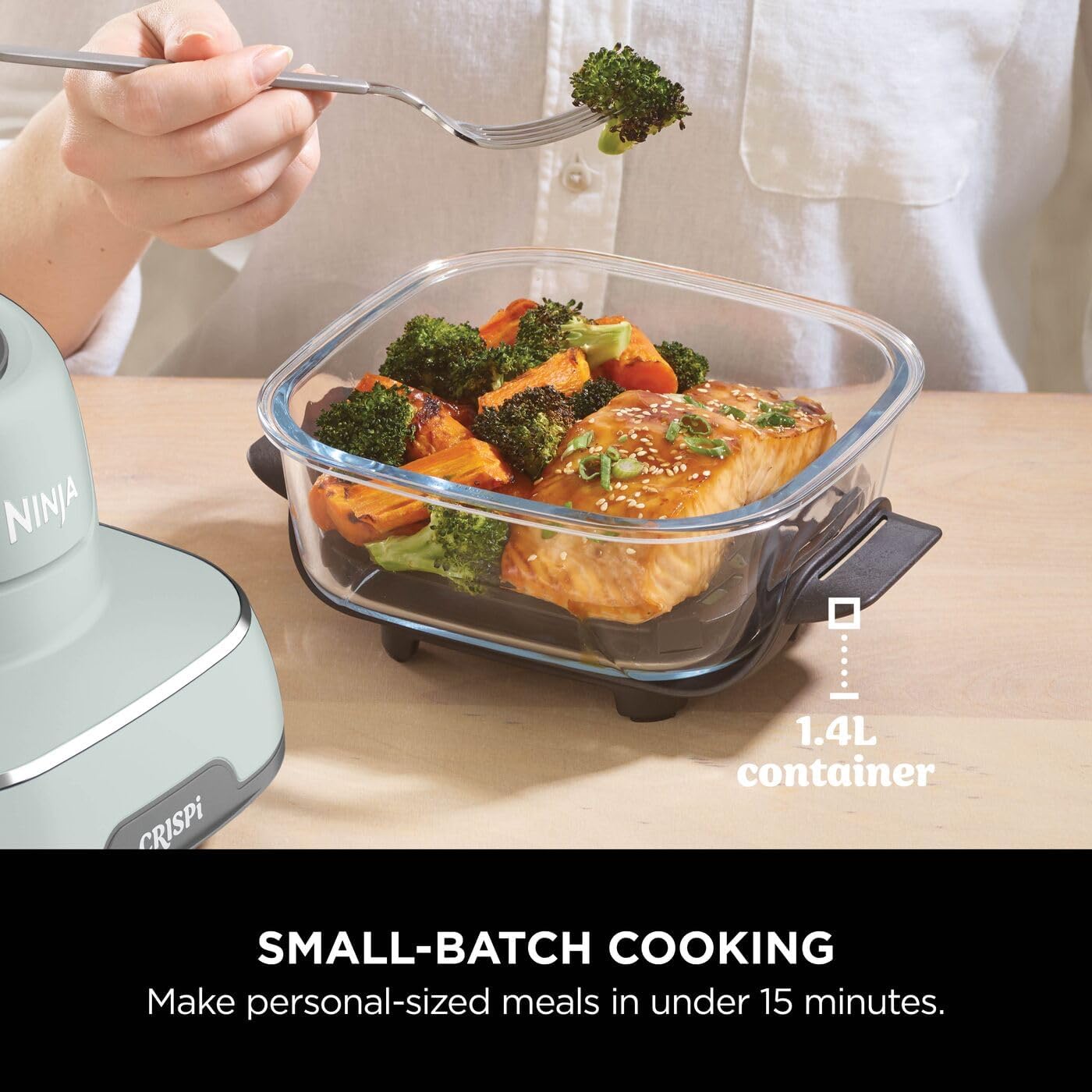 Ninja CRISPi Portable Air Fryer, 3.8L, 4-in-1: Air Fry, Roast, Keep Warm, Recrisp, Space Saving Compact Design, 2x Removable Glass Containers & Lids, 1700W, Sage FN101UKSG