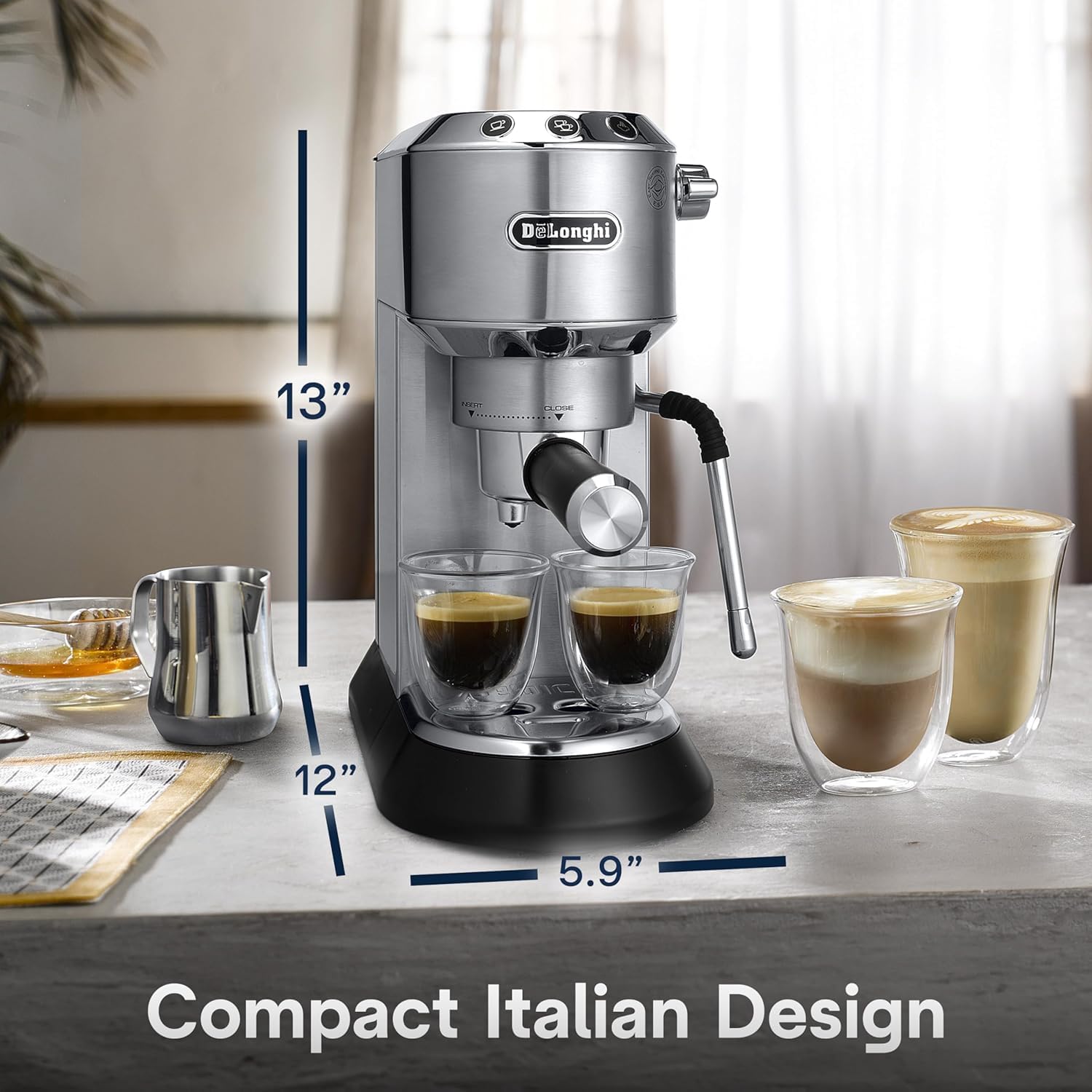 De’Longhi Dedica Arte Espresso Machine with My LatteArt Steam Wand (Milk Frother), 15-Bar Pump & 3-Level Temp Control - Compact Espresso Maker for Latte & Cappuccino - Italian Stainless Steel Design