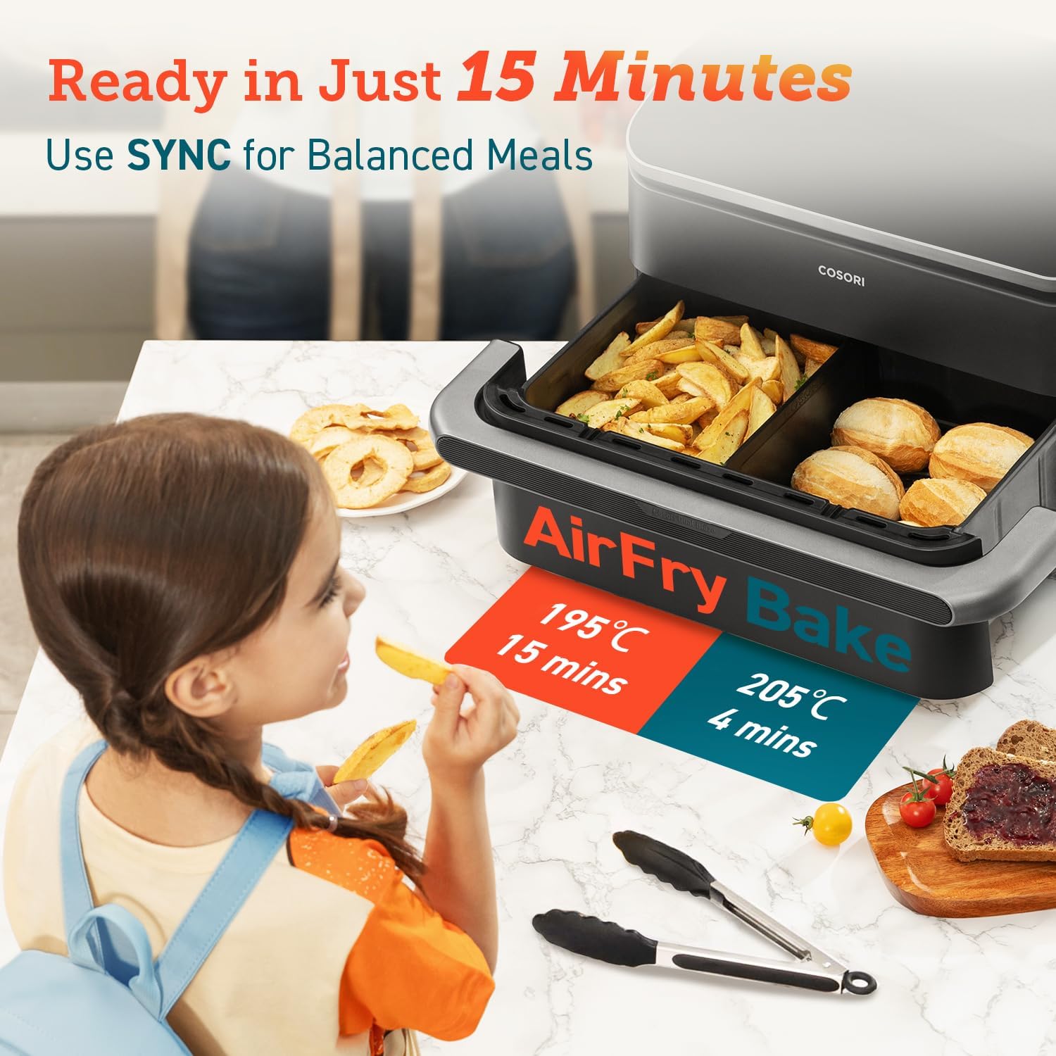 COSORI Dual Air Fryer TwinFry, 10L Flexible Capacity, Single & Double Zone Convertible, 4 Fast Heaters, Dual Blaze Tech with 8-in-1, Smart Air Fry, Roast, Bake, Dry, Energy Save, 70 App Recipes