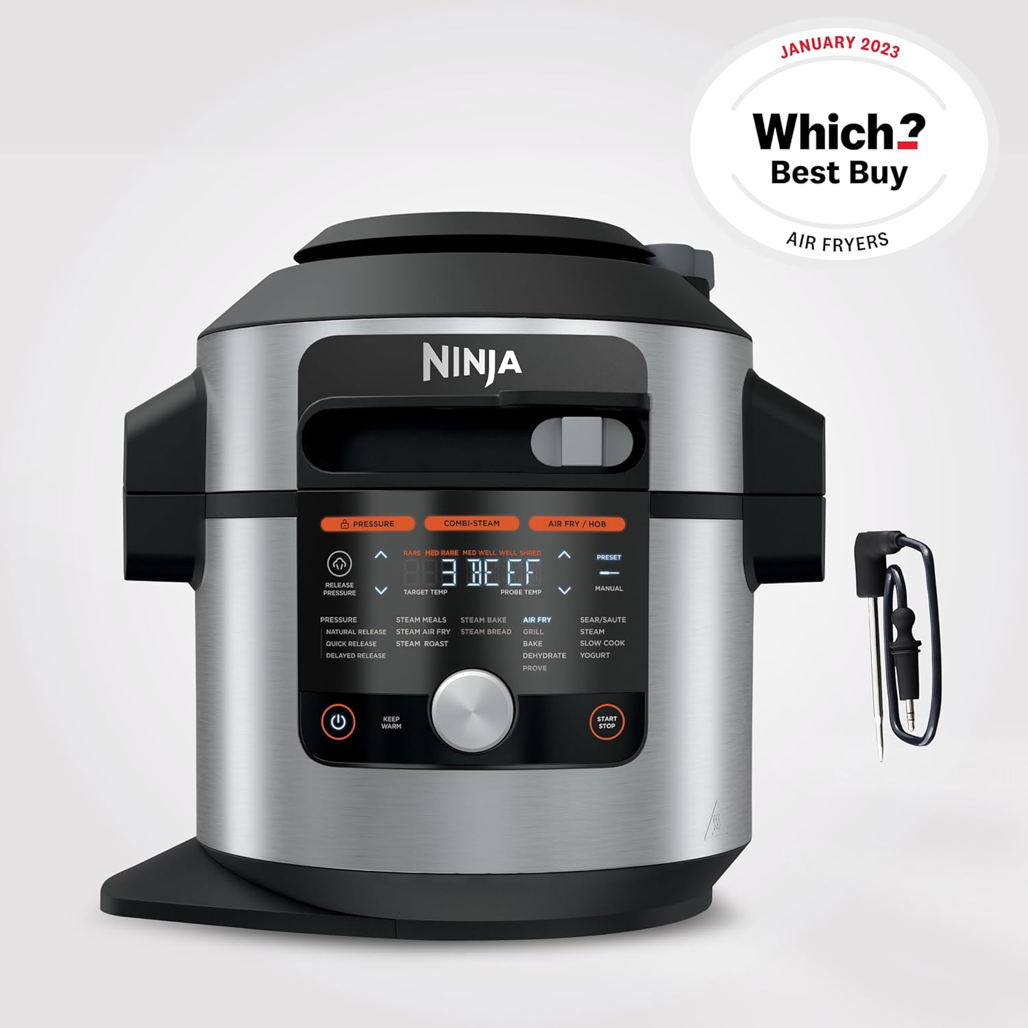 Ninja Foodi MAX 15-in-1 SmartLid Multi-Cooker 7.5L with Digital Probe, Electric Pressure Cooker & Air Fryer, Slow Cook and more, Cooks 6 Portions, Stainless Steel/Black OL750UK