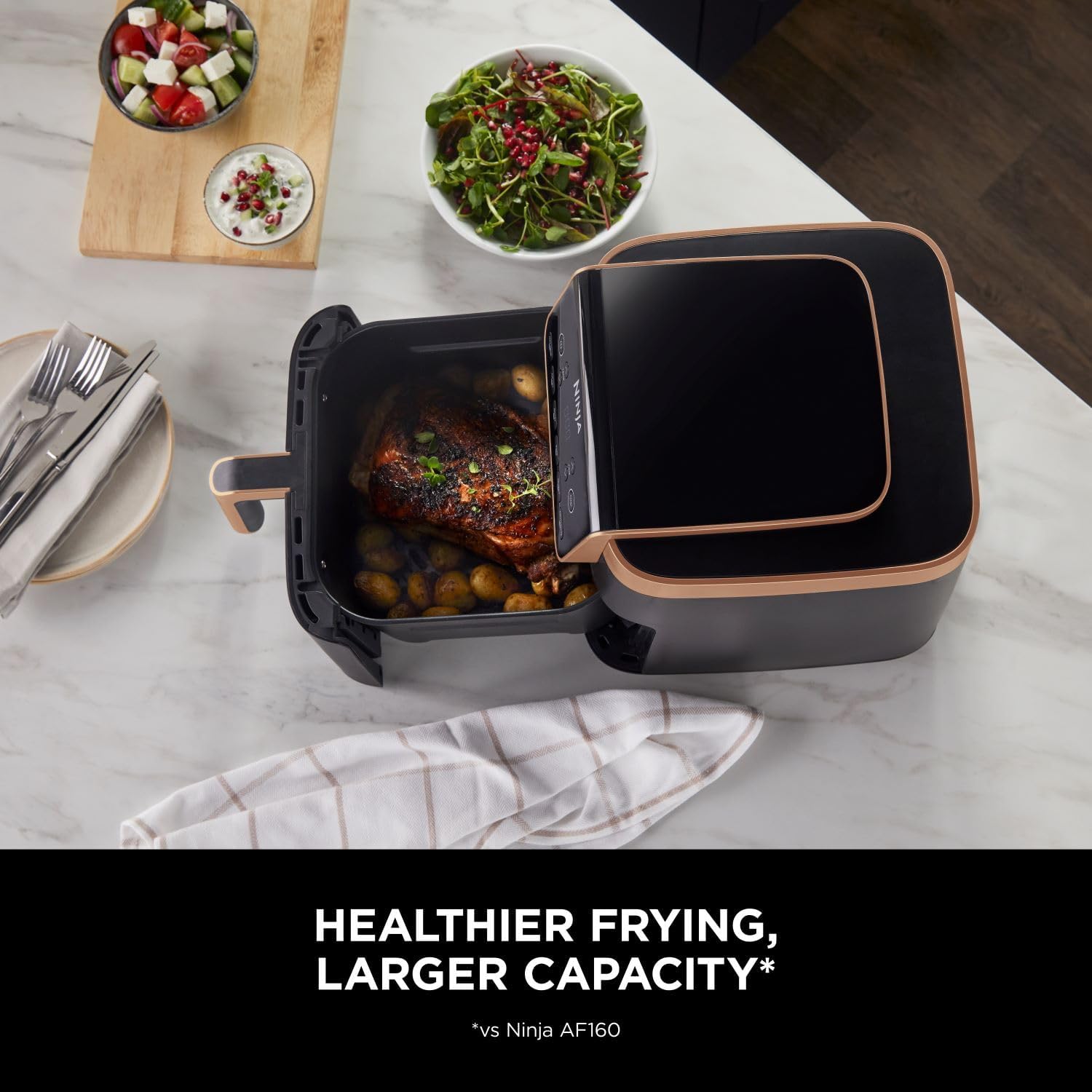 Ninja Air Fryer MAX PRO, 6.2L, Uses No Oil, Large Square Single Drawer, Roast, Bake, Air Fry, Family Size, Non-Stick, Dishwasher Safe Basket & Crisper Plate, Silicone Tongs, Black & Copper, AF180UKCP