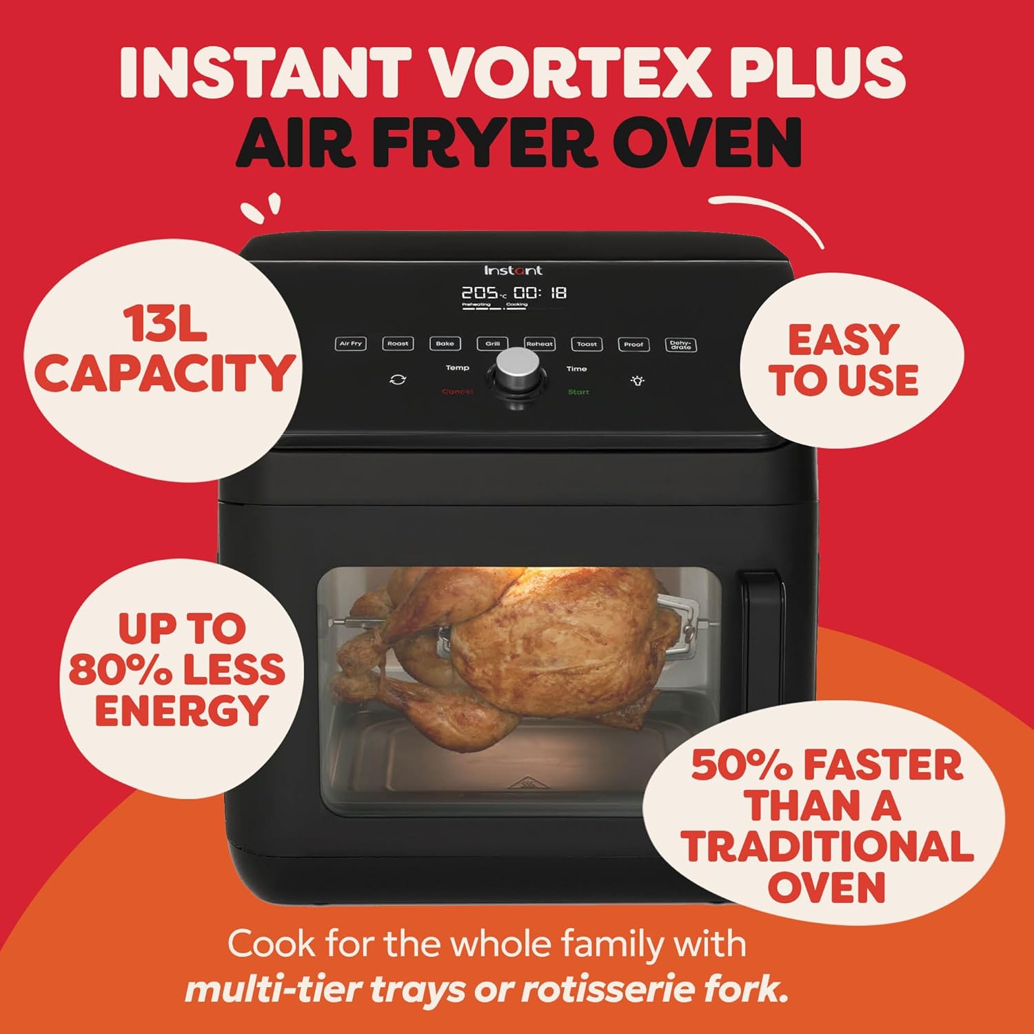 Instant Digital Large Air Fryer Oven with XXL Capacity and Easy to Use 9 Smart Programmes - Air Fry, Roast, Rotisserie, Grill, Bake, Toast, Reheat, Dehydrate & Proof, Black, 13L - 1700W