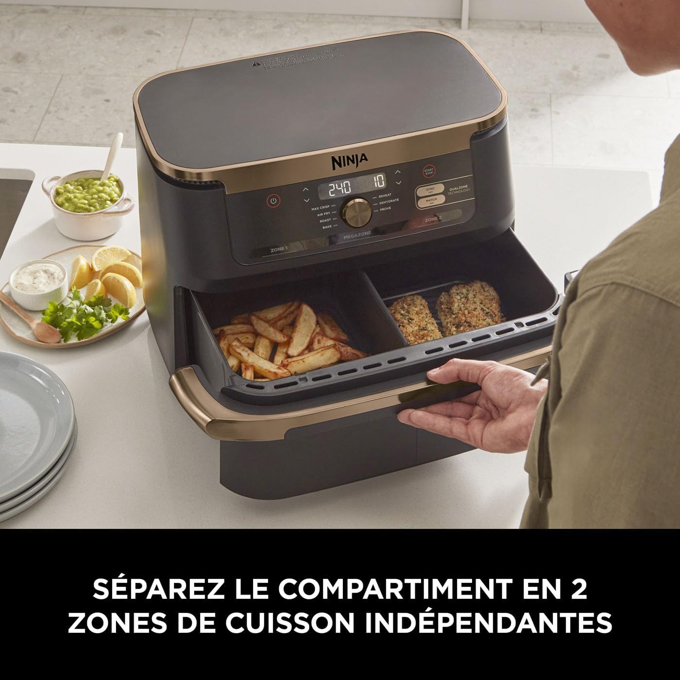 Ninja Foodi FlexDrawer 10.4L Oil-Free Fryer, 7 Modes, Roast, Bake, Non-Oil Frying, Crispy, Warm, Dehydrate, Rise, XL, Savings, DualZone Black/Copper OL750EUDBCP