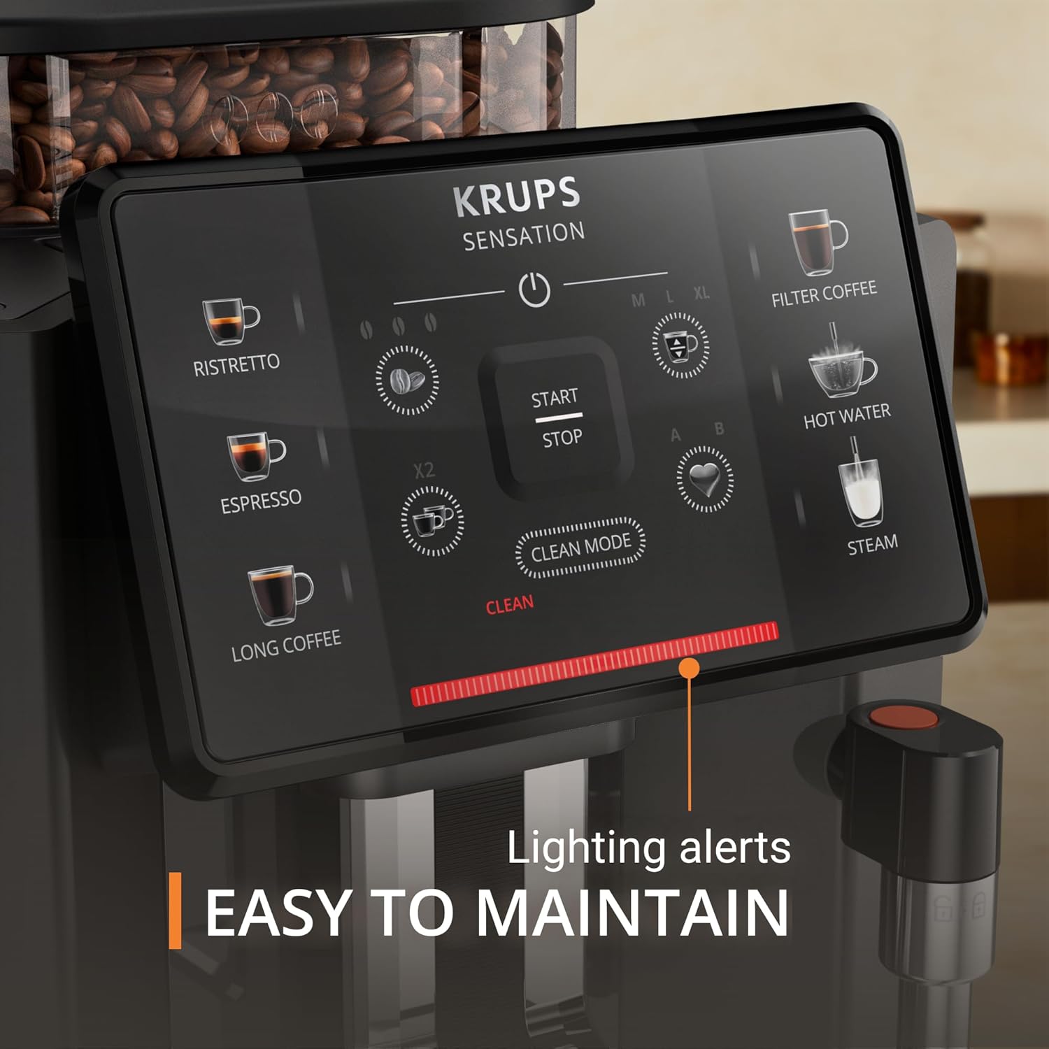 Krups Sensation C50 Fully Automatic Coffee Machine, Bean to Cup, Cappuccino & Latte Maker, Espresso, Americano, One Touch Digital Panel, Lighting Alerts, Convenient Cleaning, Custom settings, EA910840