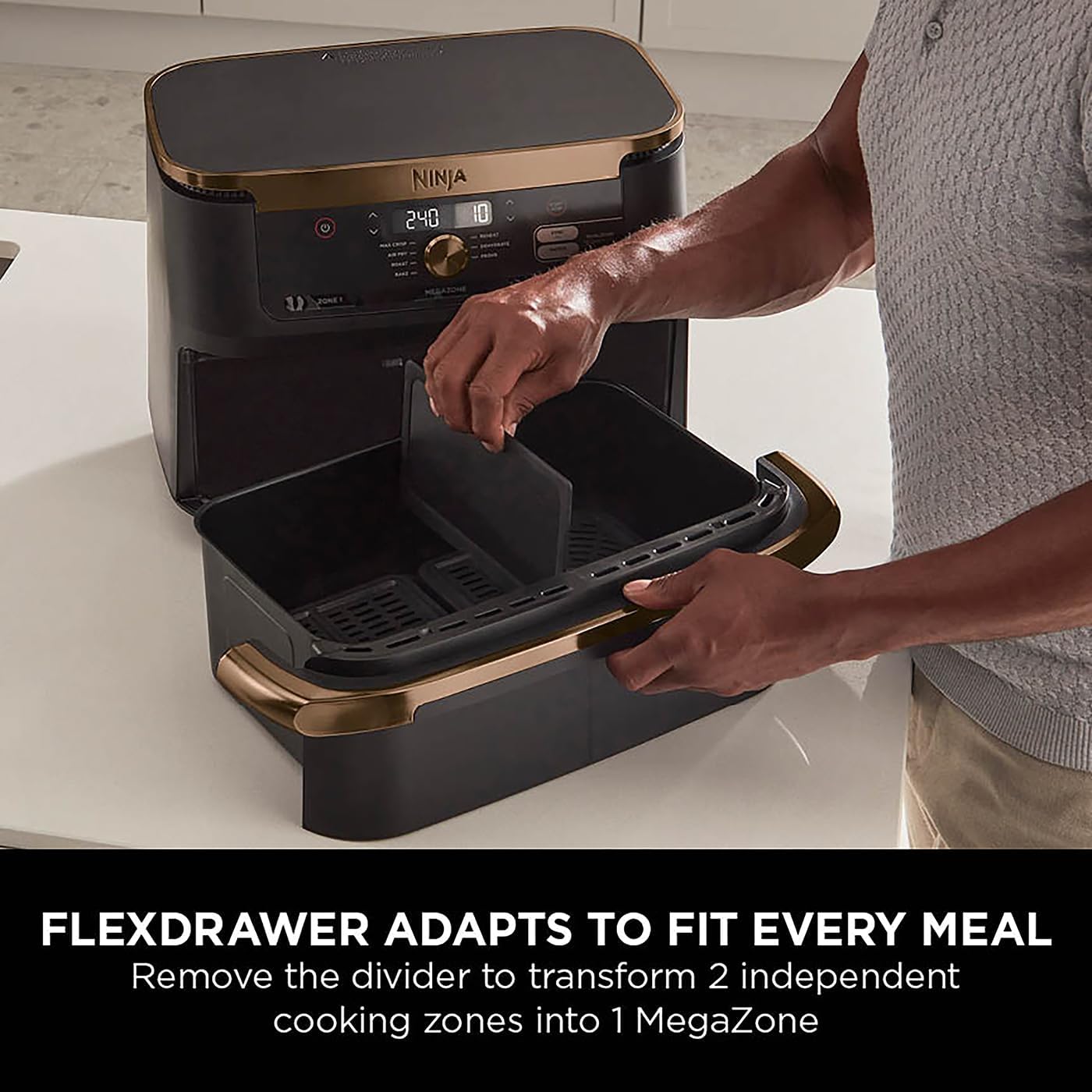 Ninja Foodi FlexDrawer 10.4L Oil-Free Fryer, 7 Modes, Roast, Bake, Non-Oil Frying, Crispy, Warm, Dehydrate, Rise, XL, Savings, DualZone Black/Copper OL750EUDBCP