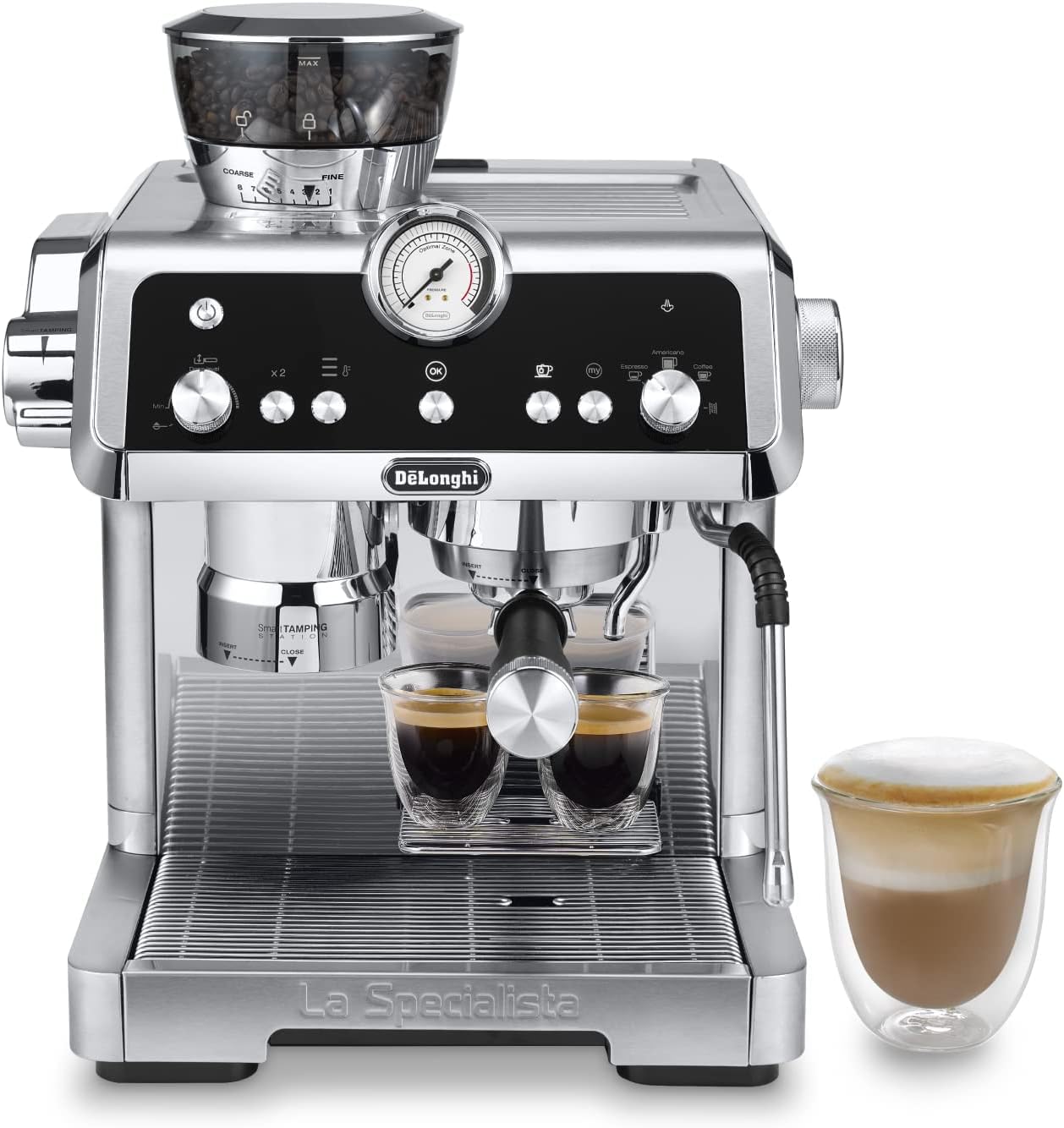 De'Longhi La Specialista Opera EC9555.M, Espresso Coffee Machine with Integrated Coffee Grinder, Cold Brew Function, Milk Frothing Wand, Includes Welcome Set Accessories, 1550W, Metal