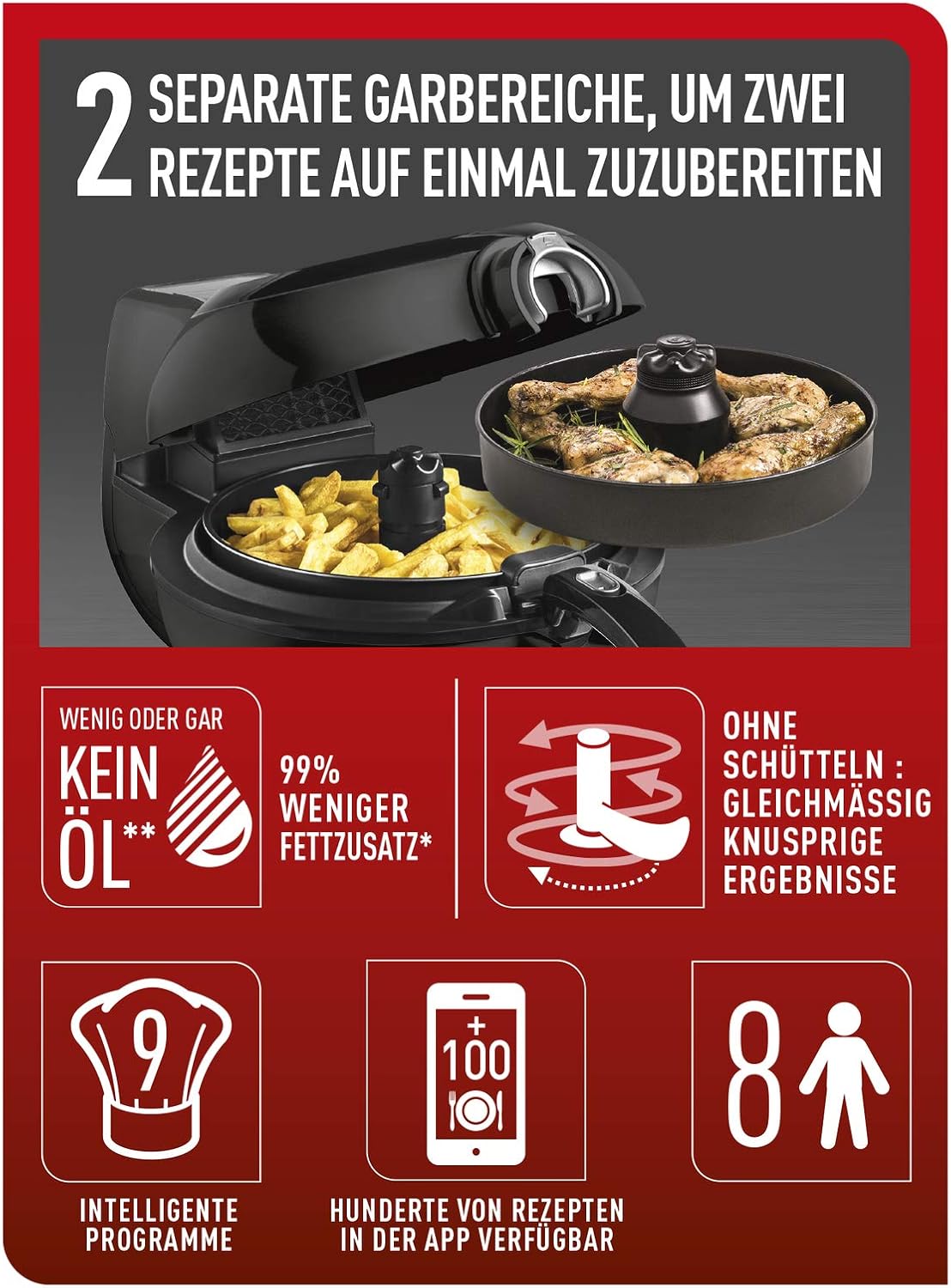 Tefal ActiFry Genius XL YV9708 2-in-1 Hot Air Fryer | 1500 Watts | Capacity: 1.7 kg | 9 Automatic Programs | 2-in-1 Technology | Black