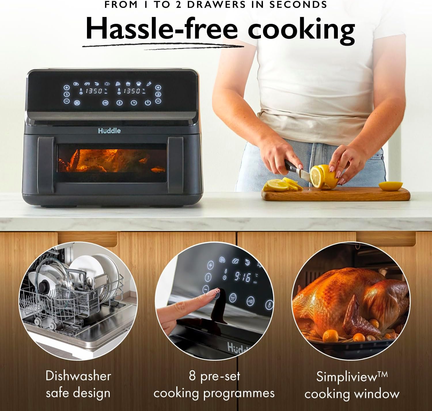 Huddle® 9L Air Fryer with Dual Flexi Baskets, Digital Touchscreen, 8 Cooking Modes, Adjustable Temperature, Viewing Window, Dishwasher-Safe, and Healthy Cooking Technology for Families and Meal Prep