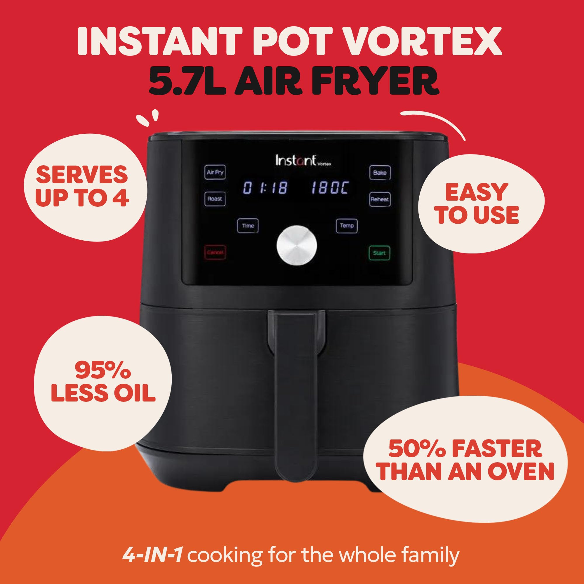 Instant Digital Large Air Fryer Oven with XXL Capacity and Easy to Use 9 Smart Programmes - Air Fry, Roast, Rotisserie, Grill, Bake, Toast, Reheat, Dehydrate & Proof, Black, 13L - 1700W