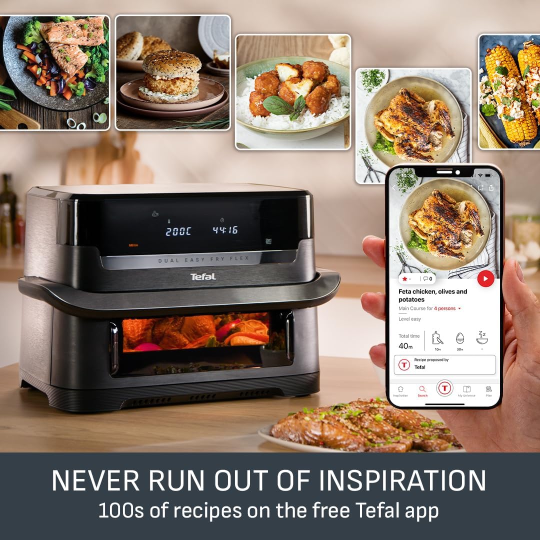 Tefal Dual Flex Air Fryer with Removable Divider & Viewing Window – 9L GiantZone or Dual 5.5L + 3.5L Cooking Zones, 6 Preset Programs, Energy Saving, Non-Stick Dishwasher Safe Parts, Black