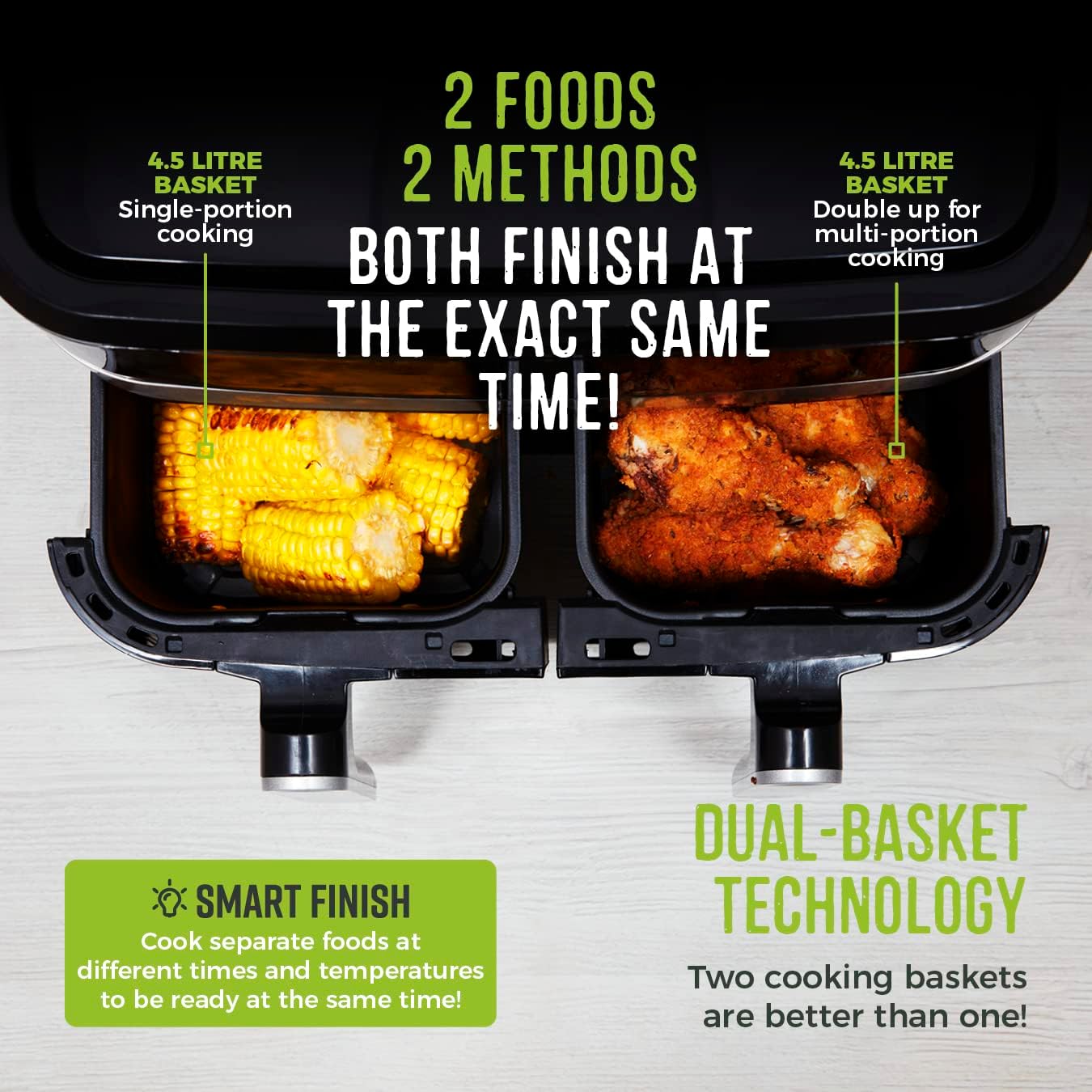 Tower T17088 Vortx 9L Dual Basket Air Fryer with Smart Finish, 2600W, Black