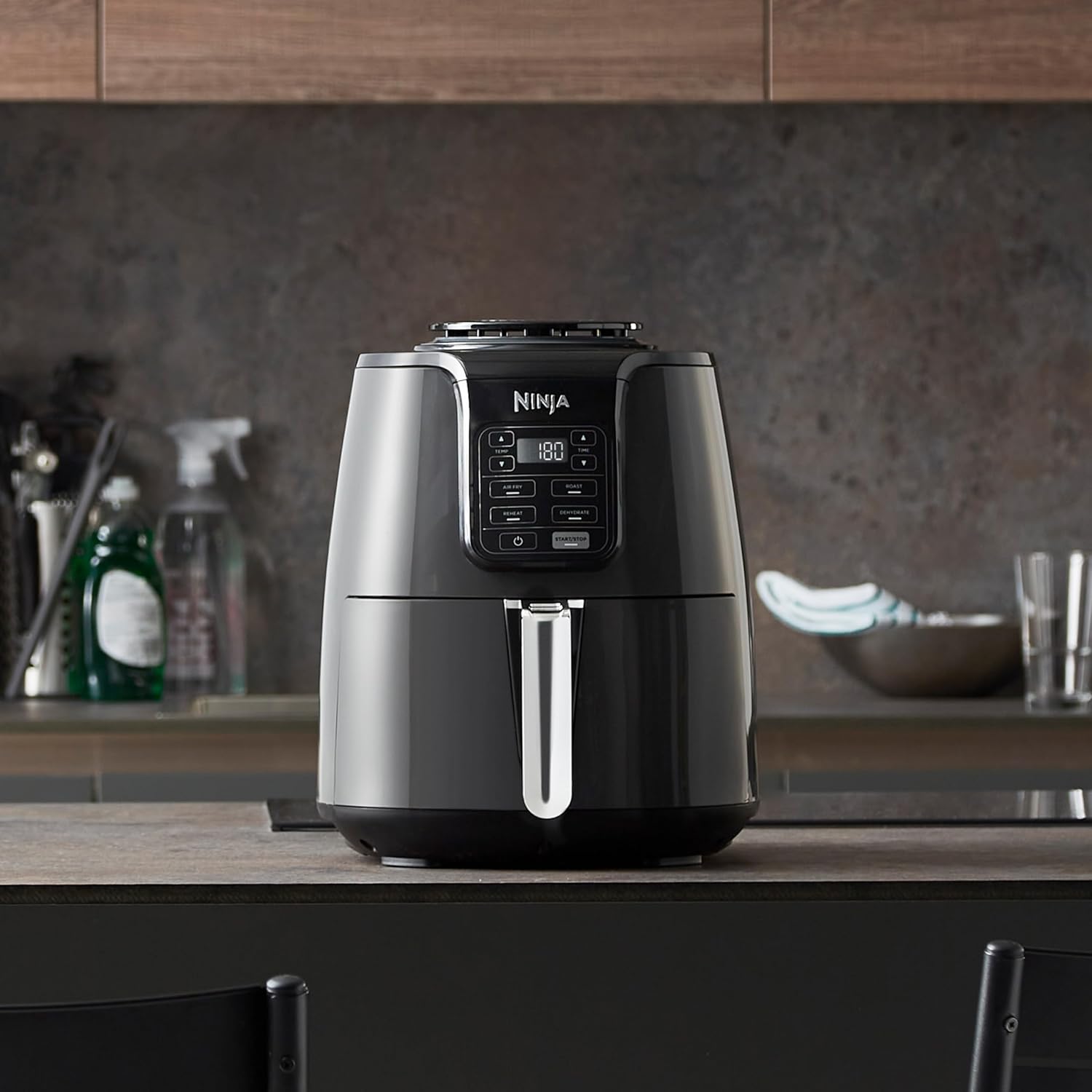 Ninja Air Fryer, 3.8L, 4-in-1, Uses No Oil, Air Fry, Roast, Reheat, Dehydrate, Non-Stick, Dishwasher Safe Basket, Cooks 2-4 Portions, Digital, Grey & Black, AF100UK