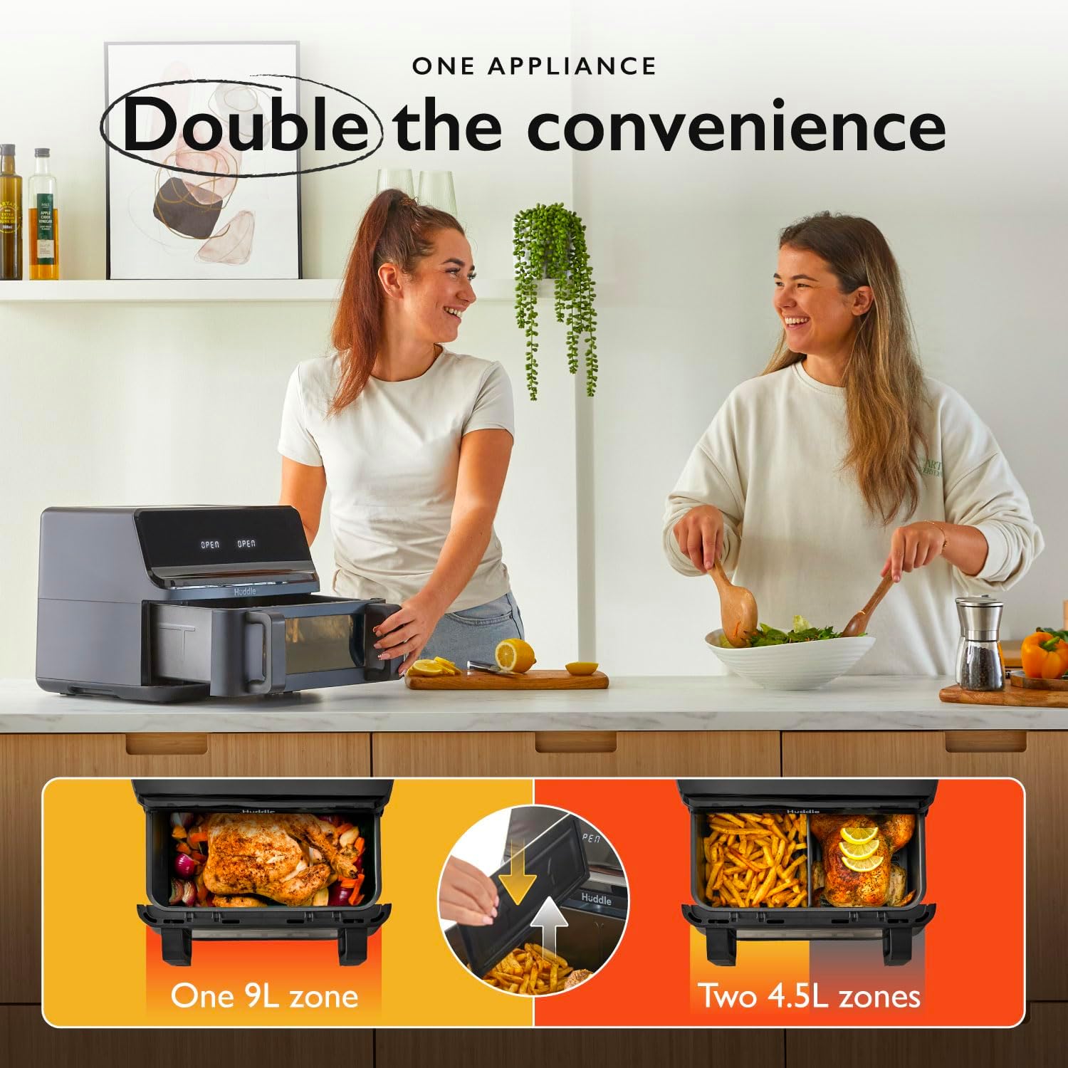 Huddle® 9L Air Fryer with Dual Flexi Baskets, Digital Touchscreen, 8 Cooking Modes, Adjustable Temperature, Viewing Window, Dishwasher-Safe, and Healthy Cooking Technology for Families and Meal Prep