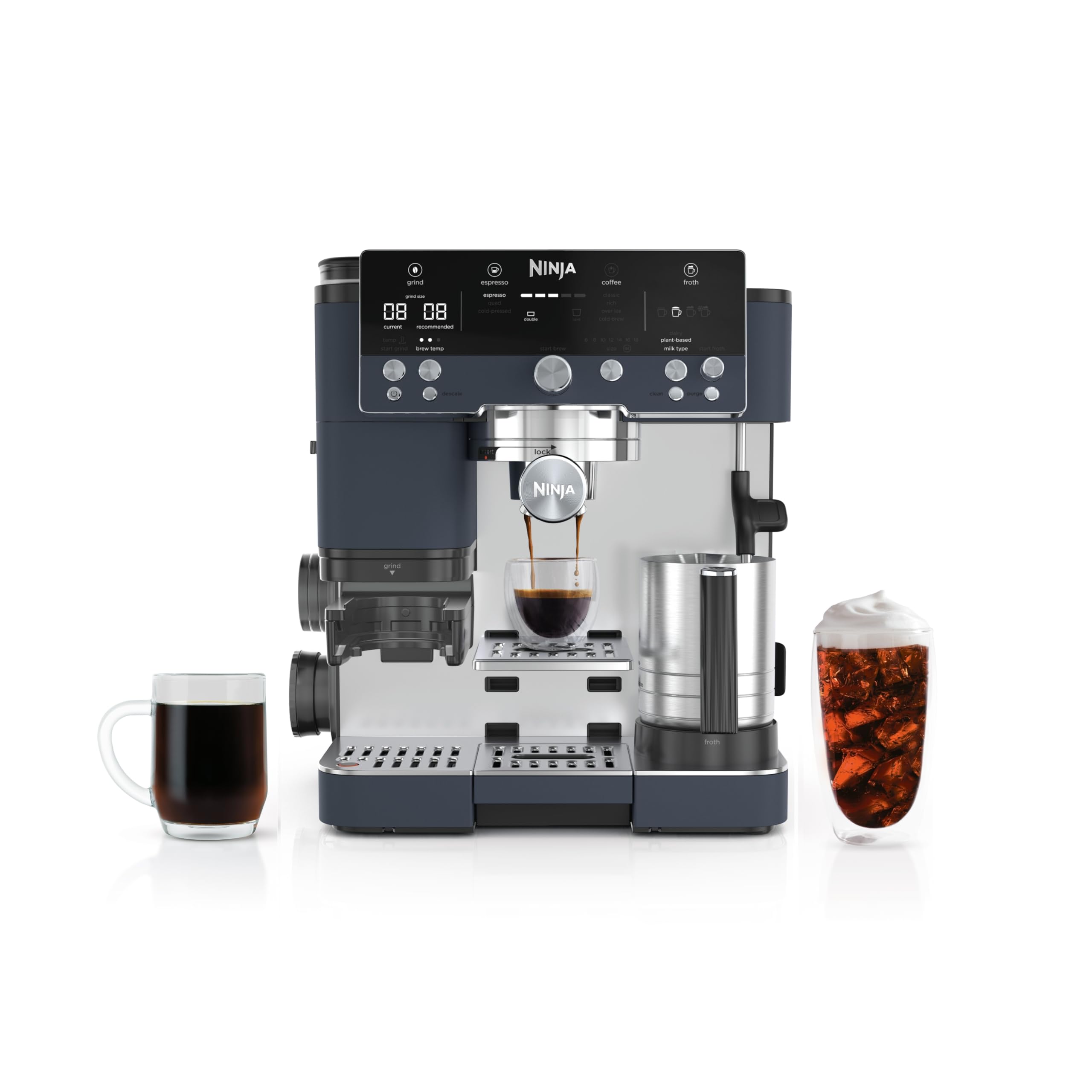 Ninja Luxe Café Pro Series, Espresso Machine, Drip Coffee, Cold Brew, Hot Water, Integrated Tamper, Built-in Grinder, Hands-Free Frother for Cappuccinos, Lattes, Americanos, Dairy or Non-Dairy, ES701