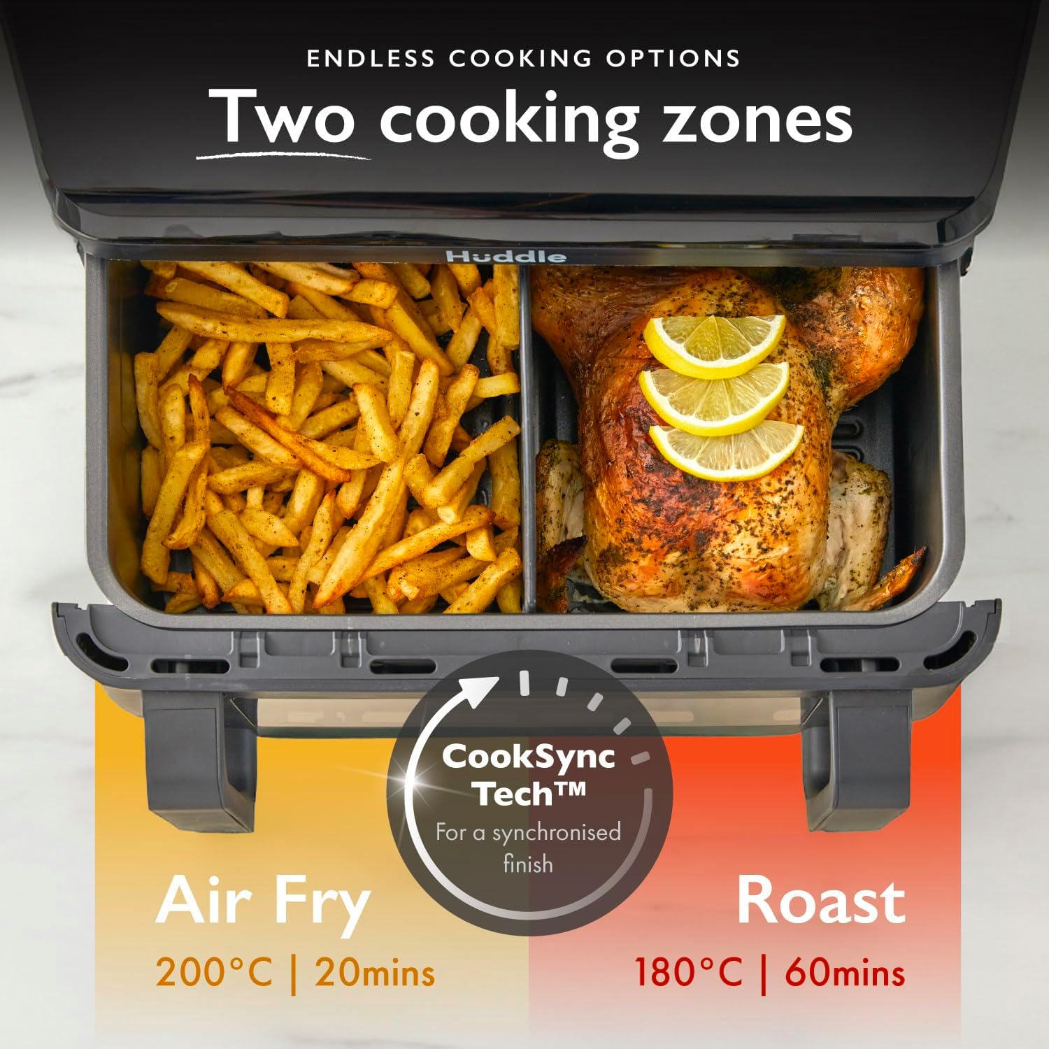 Huddle® 9L Air Fryer with Dual Flexi Baskets, Digital Touchscreen, 8 Cooking Modes, Adjustable Temperature, Viewing Window, Dishwasher-Safe, and Healthy Cooking Technology for Families and Meal Prep