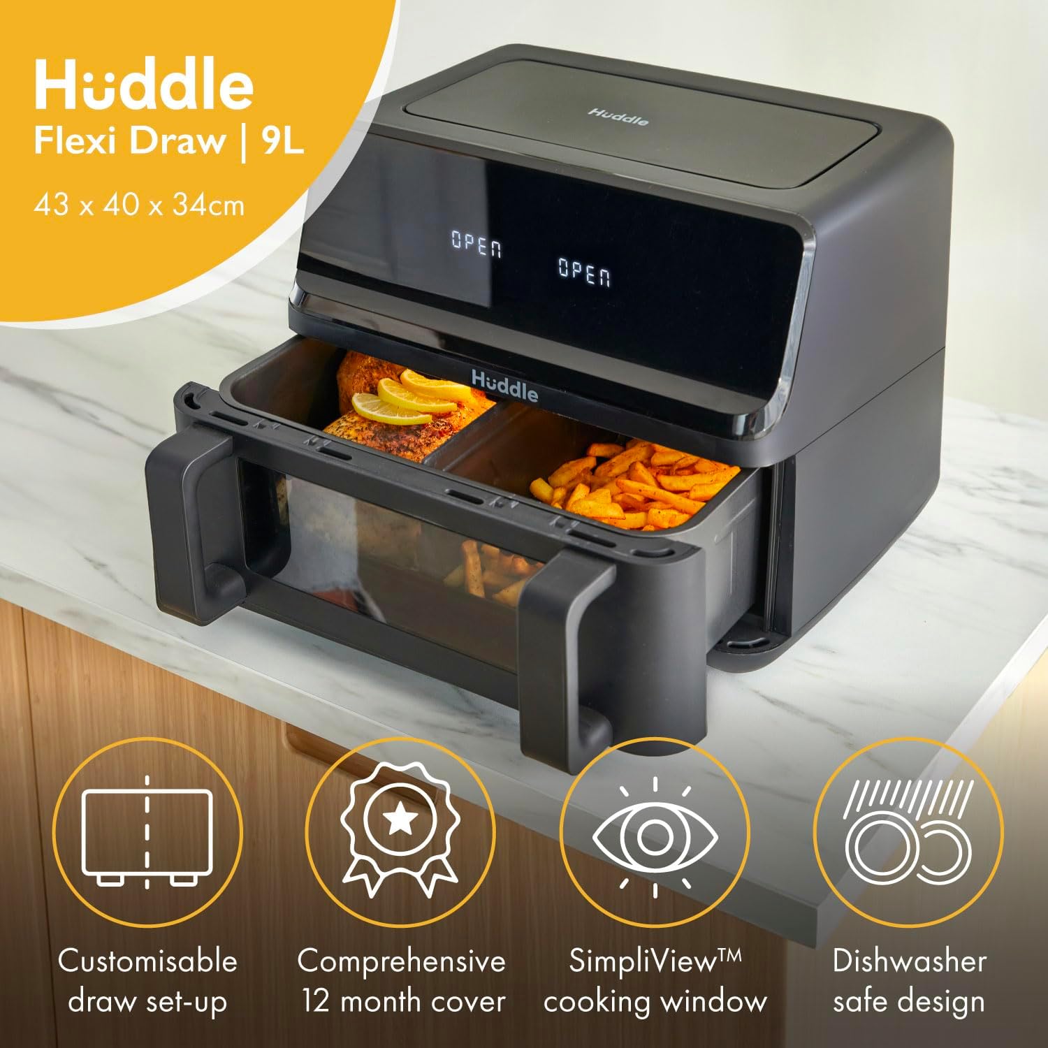 Huddle® 9L Air Fryer with Dual Flexi Baskets, Digital Touchscreen, 8 Cooking Modes, Adjustable Temperature, Viewing Window, Dishwasher-Safe, and Healthy Cooking Technology for Families and Meal Prep