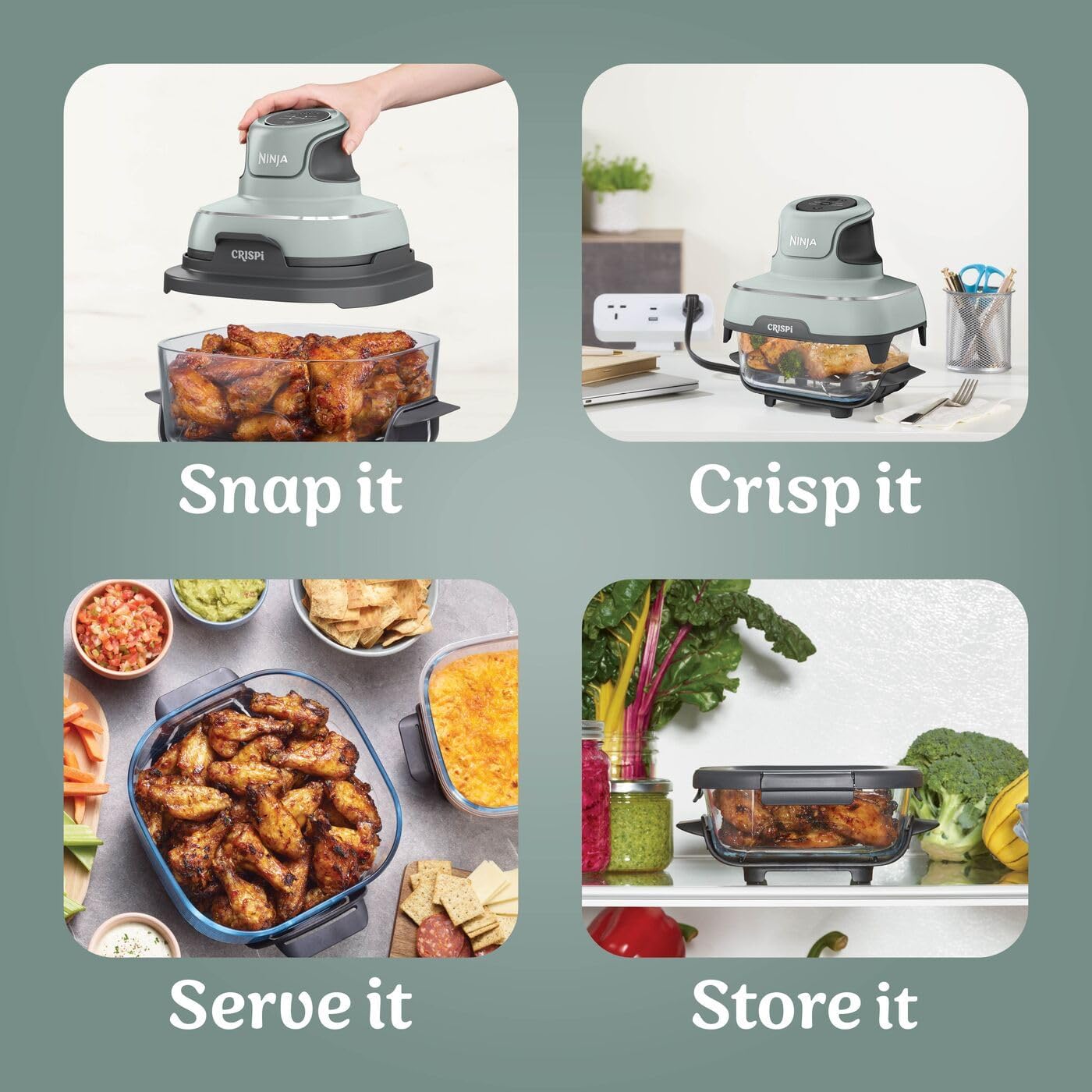 Ninja CRISPi Portable Air Fryer, 3.8L, 4-in-1: Air Fry, Roast, Keep Warm, Recrisp, Space Saving Compact Design, 2x Removable Glass Containers & Lids, 1700W, Sage FN101UKSG