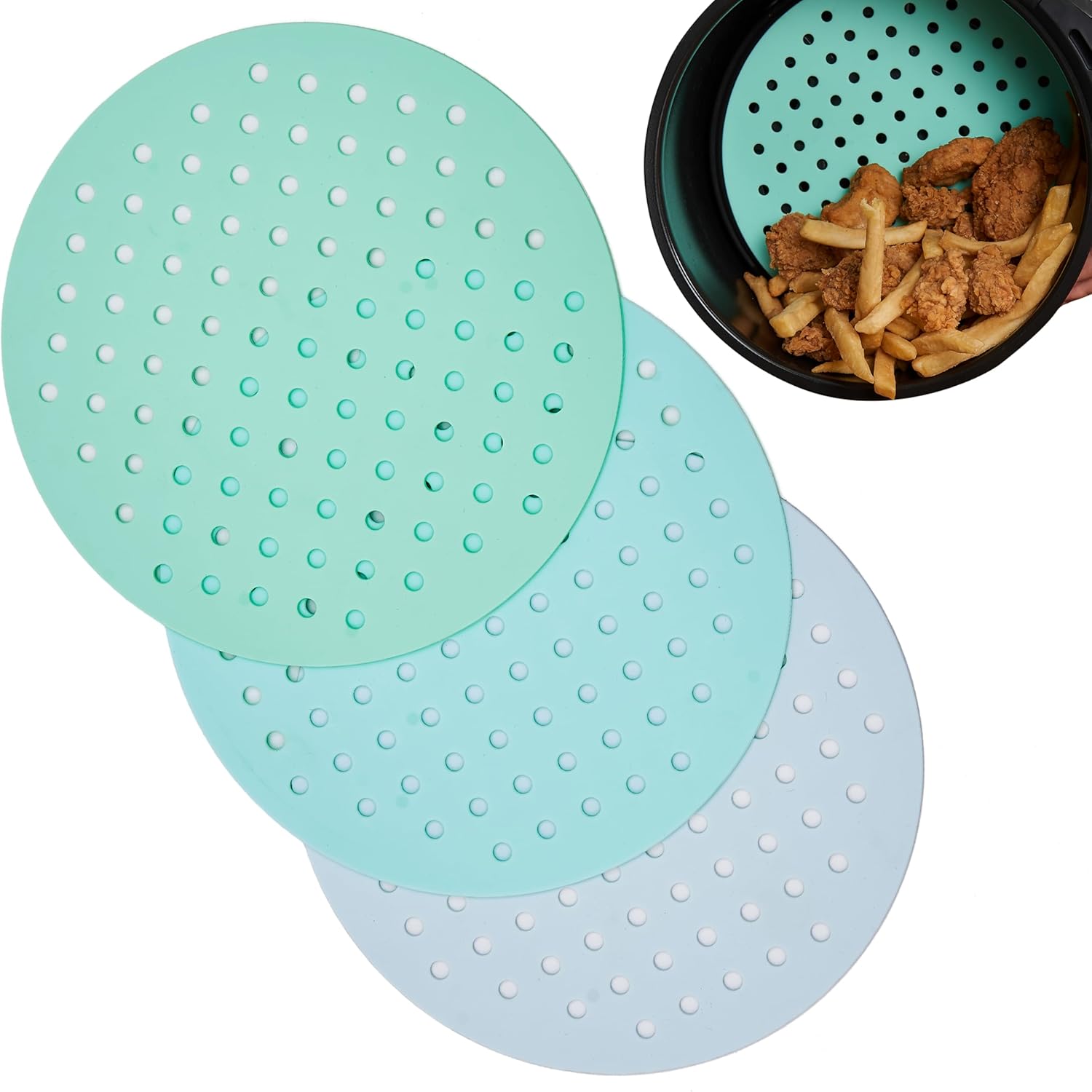 7.5 in round - Reusable Air Fryer Silicone Liners - Pack of 3 Round & Flexible Air Fryer Liner Mats for Ninja AF101 4QT, Non Stick Non Slip & Waterproof Silicone Fryer Tray for Oven