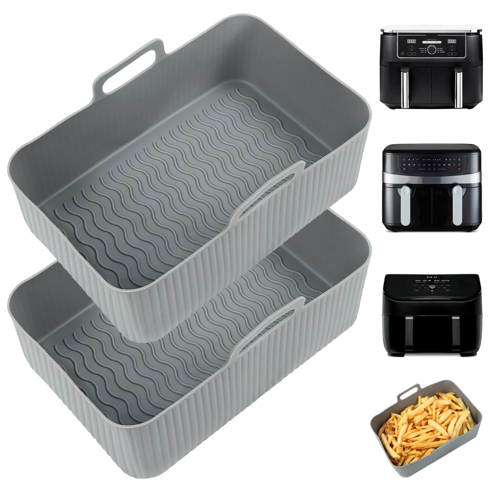 YQL Air Fryer Silicone Liner for Ninja/Tower Dual/Instant Vortex, Silicone Air Fryer Liners Reusable Air Fryer Accessories for Ninja Foodi AF300UK, Salter Dual Air Fryer (2PCS), Grey