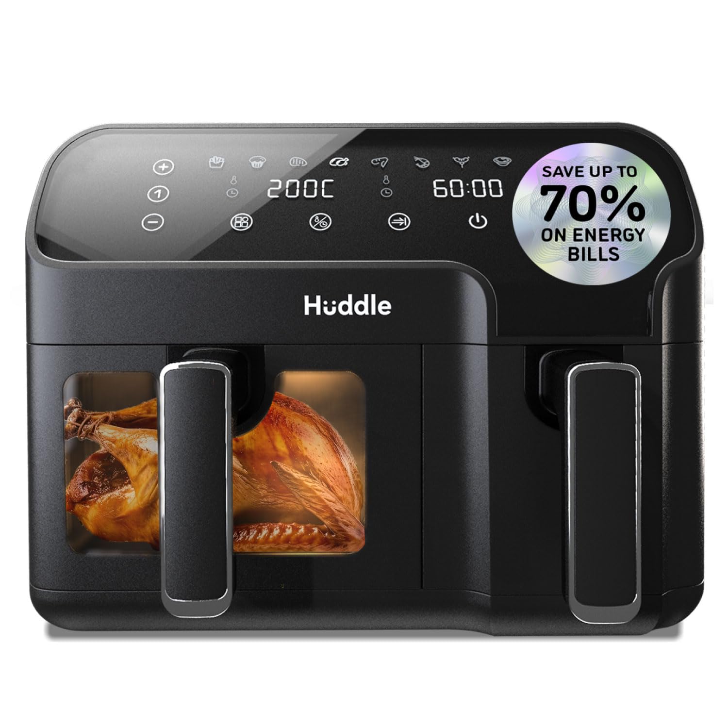 Huddle® 9L Air Fryer with Dual Flexi Baskets, Digital Touchscreen, 8 Cooking Modes, Adjustable Temperature, Viewing Window, Dishwasher-Safe, and Healthy Cooking Technology for Families and Meal Prep