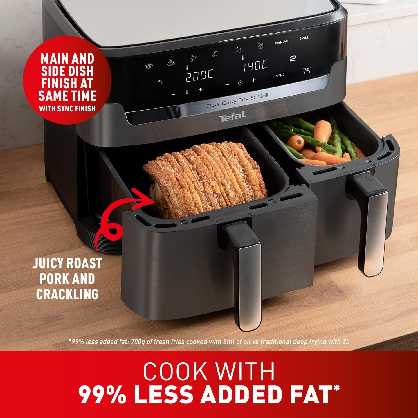 Tefal Easy Fry Dual Zone Digital air fryer, 2 Drawers, 8.3L, 8in1, Uses No Oil, Air Fry, Extra Crisp, Roast, Bake, Reheat, Dehydrate, 6 Portions, Non-Stick, Dishwasher Safe Baskets, Coal Grey EY905B40