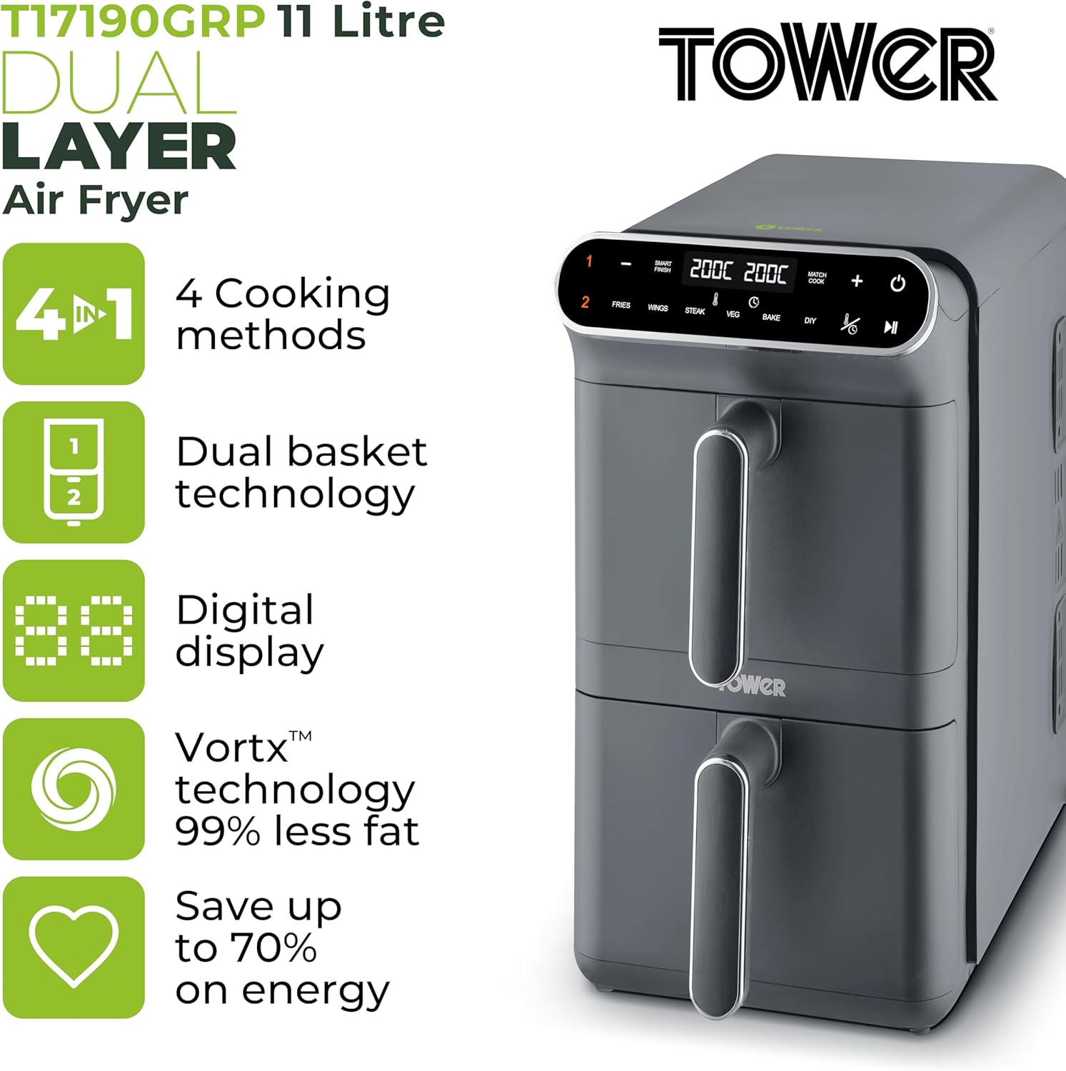 Tower T17190GRP Vortx XL Dual Stack Air Fryer with Digital Control Panel, Space Saving Design, 6 Preset Cooking Modes, Match Cook & Smart Finish Functions, 2460W, 11L, Graphite with Chrome Trim