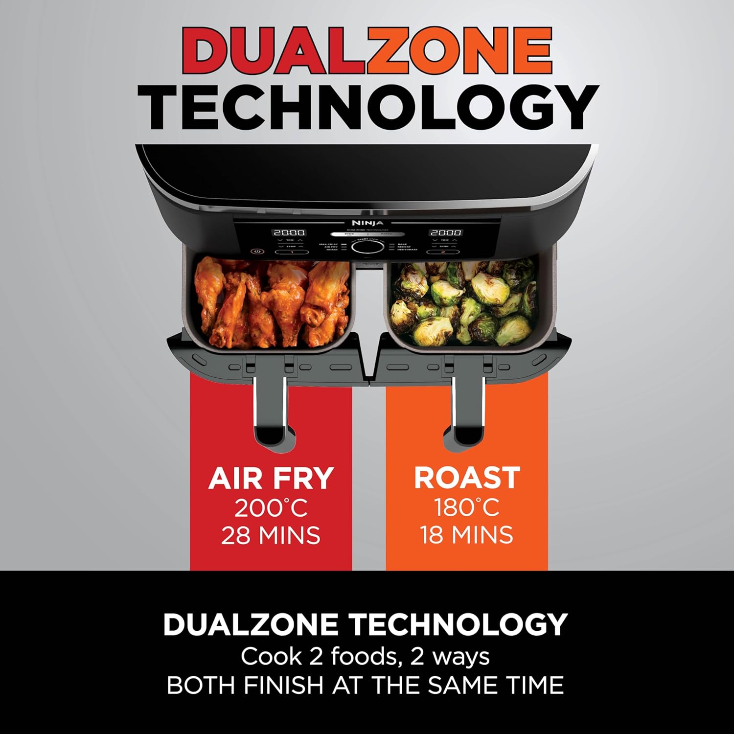 Ninja Foodi Dual Zone Digital Air Fryer, 2 Drawers, 7.6L, 4-in-1, Uses No Oil, Air Fry, Max Crisp, Roast, Reheat, Non-Stick, Dishwasher Safe Baskets and Crisper Plates, Black AF200UK