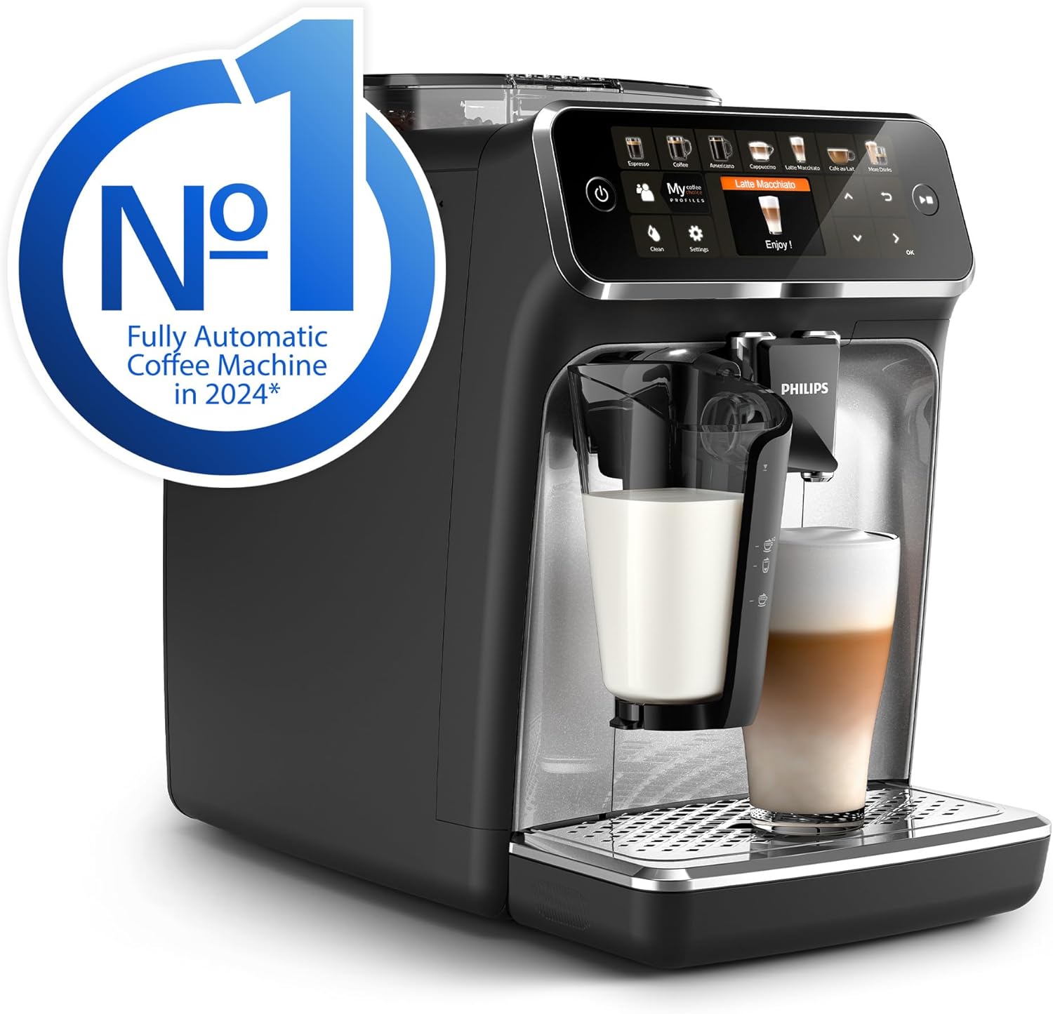 Philips 5400 Series Bean to Cup Coffee Machine – 12 Coffee Varieties, LatteGo Milk Frother, Fastest-to-Clean, Ceramic Grinder, Fully Automatic Espresso & Cappuccino maker – Black, Silver (EP5446/70)